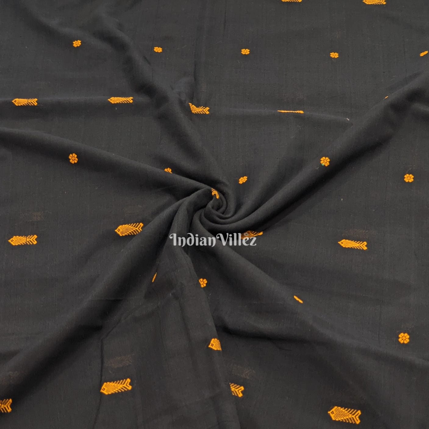 IndianVillèz Black Fish & Flower Motif Odisha Ikat Bomkai Cotton Fabric
