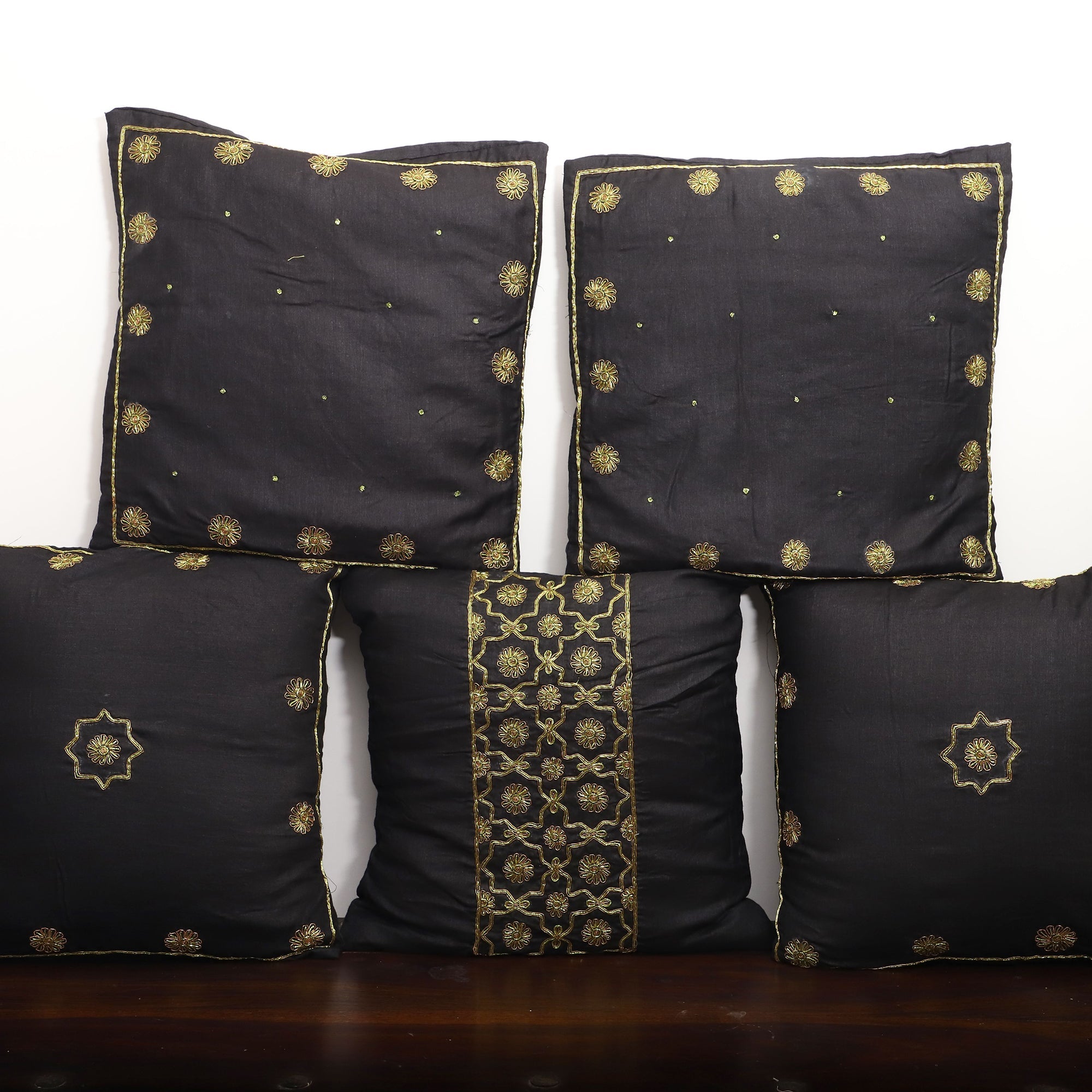 TICS Black - Star Butas - Zardozi Hand Embroidered Raw Silk Cushion Cover (Set of 5) - view 2