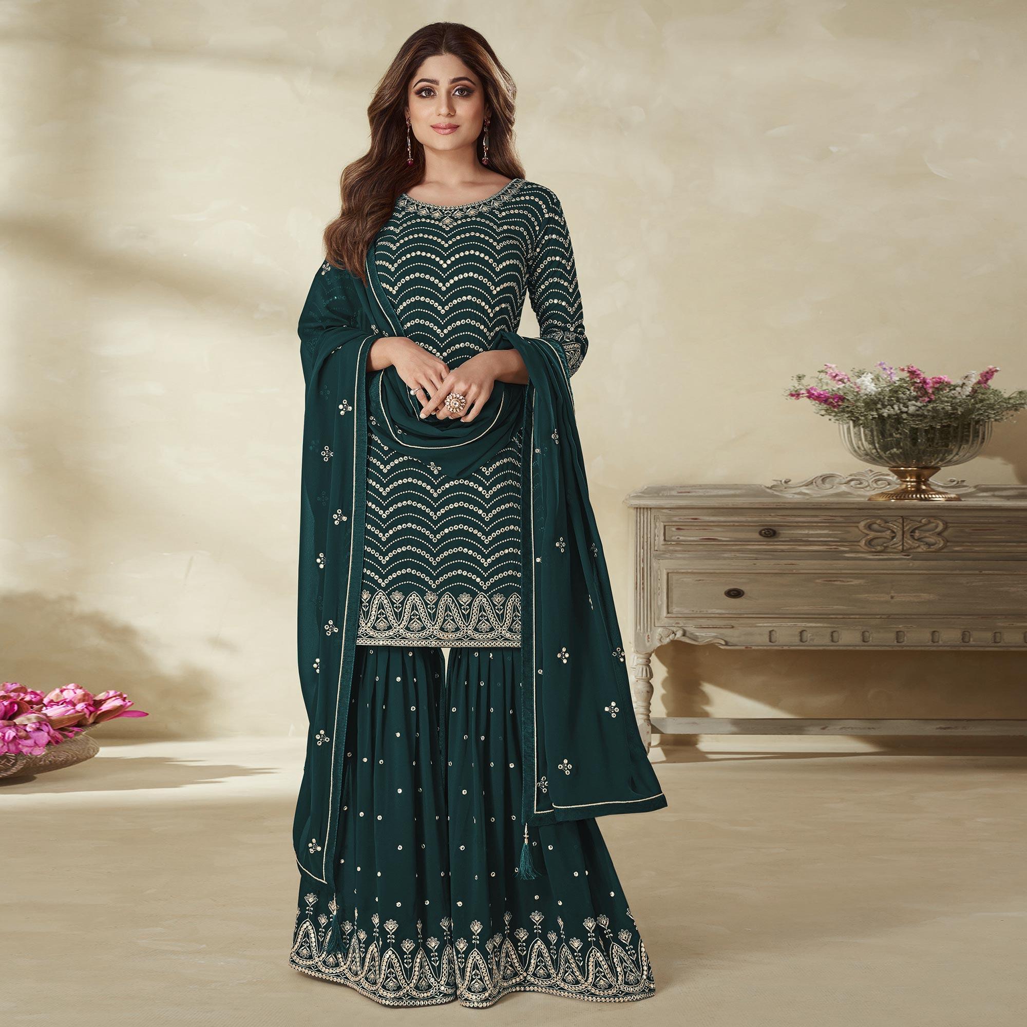 Peachmode Morpich Embroidered Georgette Sharara Suit - view 2