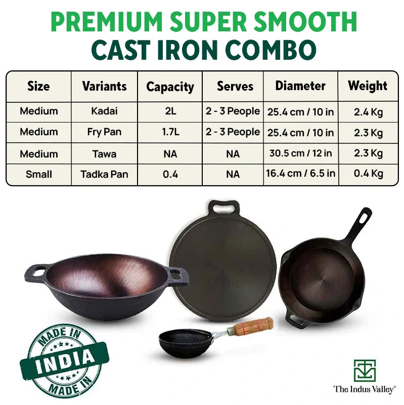 The Indus Valley Super Smooth Cast Iron Set: Free ₹400 Tadka Pan+ Frypan+ Kadai+ Tawa, Kitchen set for Home, Nonstick, 100% Pure,Toxin-free - view 3