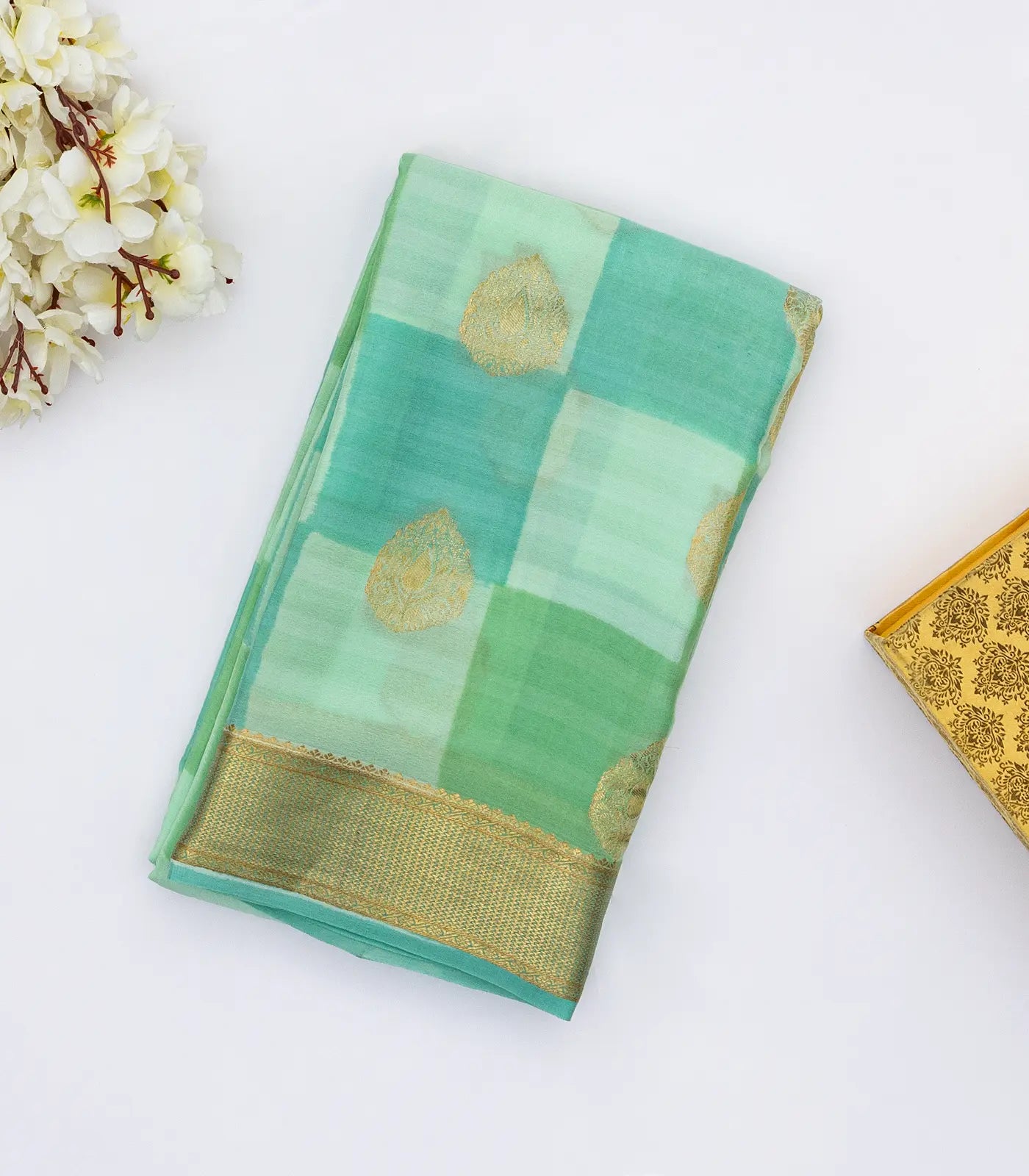 RmKV Aquamarine Mysore Crepe Silk Saree With Printed Checks & Buttas