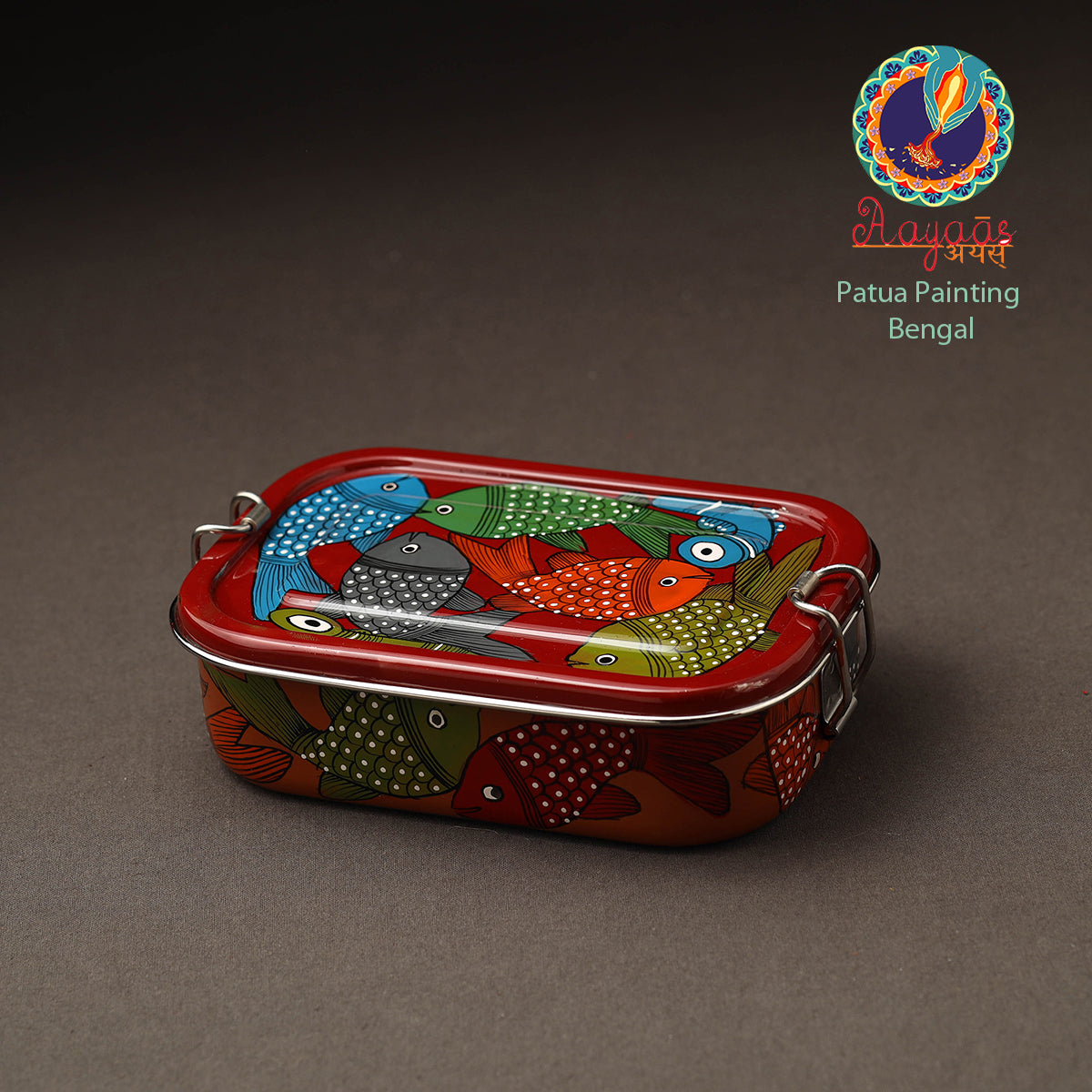 AAYAAS Bengal Patua Handpainted Stainless Steel Rectangle Lunch Box (6 x 4 in)