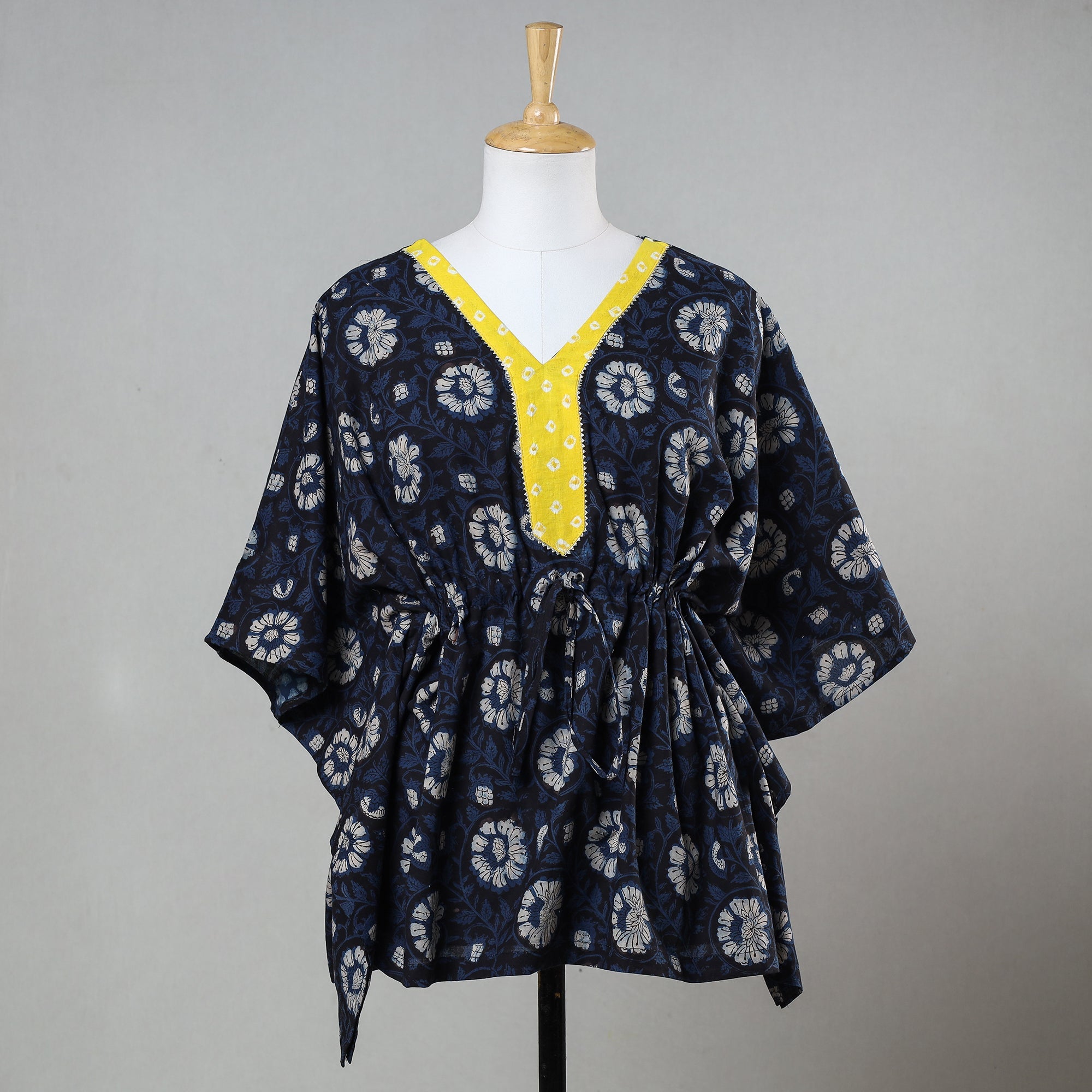 ITOKRI CASUALS Black - Bagru Block Printed Cotton Kaftan with Tie-Up Waist (Short)
