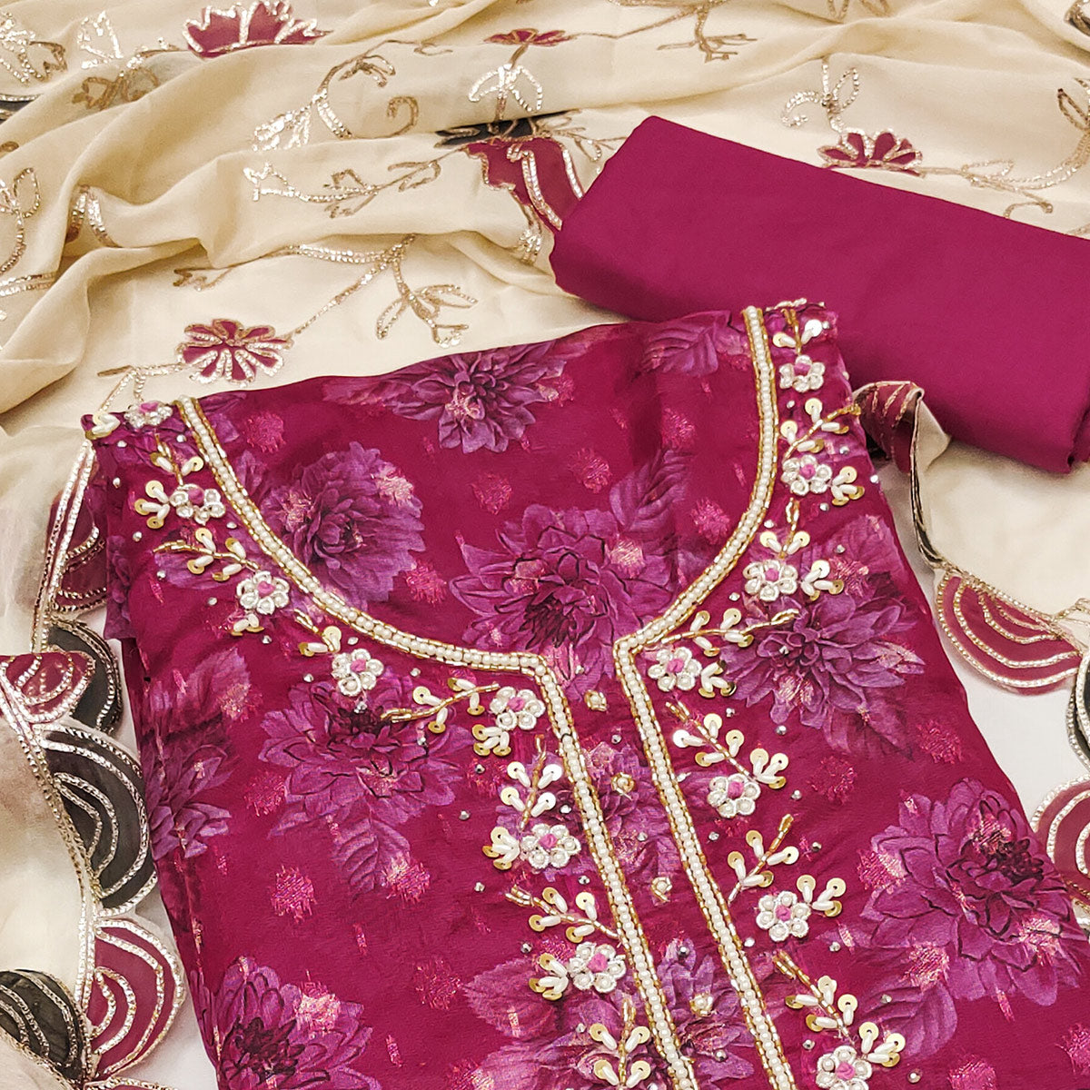 Peachmode Dark Magenta Floral Printed With Handwork Viscose Banarasi Dress Material - view 2