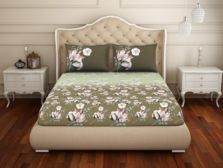 100 cotton queen – Spaces India Floral Dried Herb - Green 100% Cotton Queen Fitted Sheet - Welspun Anti Bacterial By Welspun