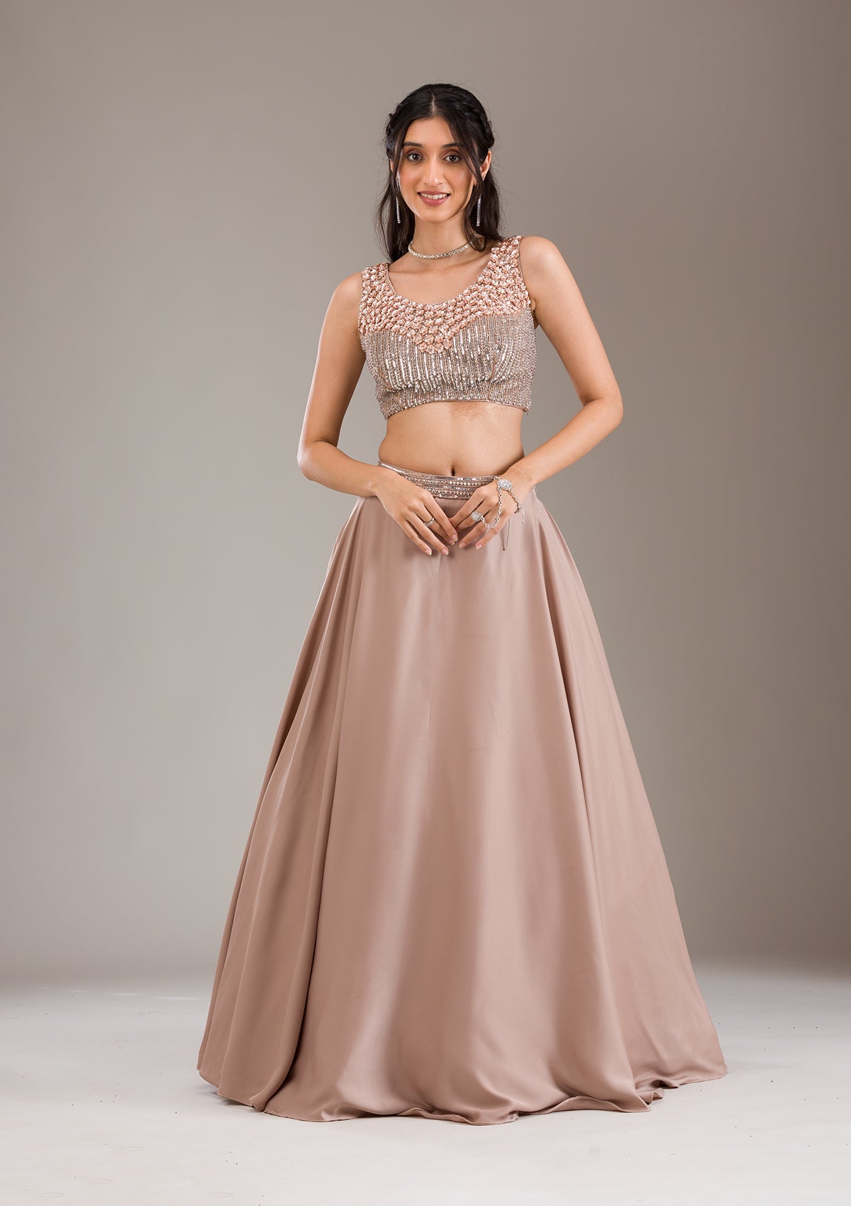 Koskii Light Brown Sequins Satin Readymade Lehenga - view 4