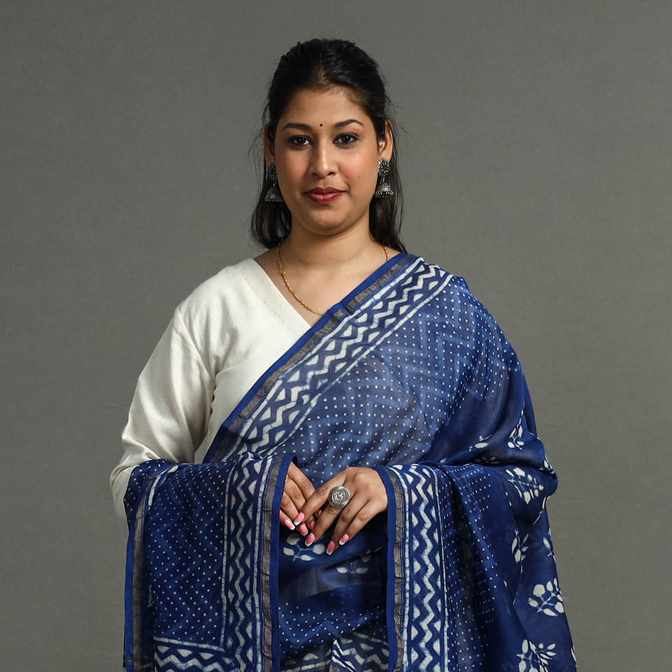 BAGRU DABU PRINTS Blue - Hand Block Print Chanderi Silk Dabu Bagru Dupatta 70 - view 3