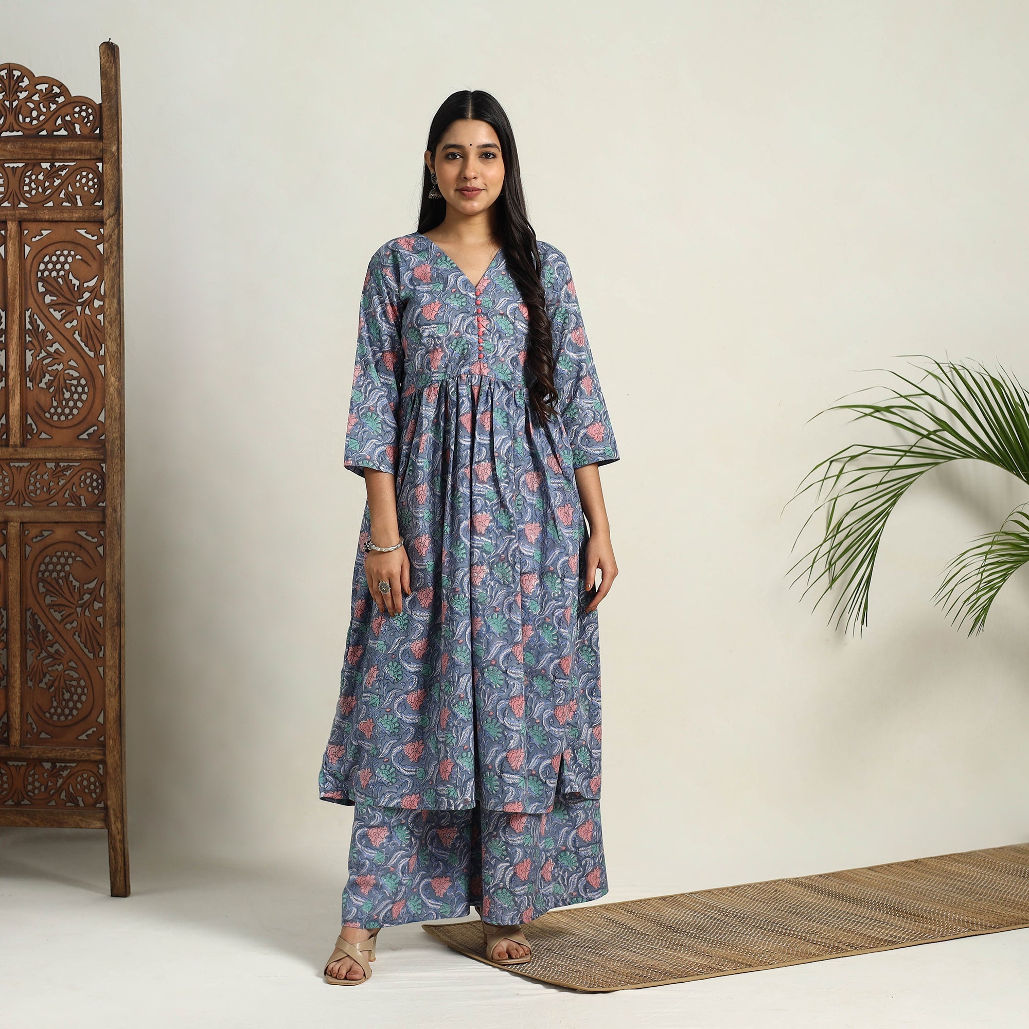 ITOKRI CASUALS Blue - Block Print Cotton Flared Sanganeri Kurta Set 08