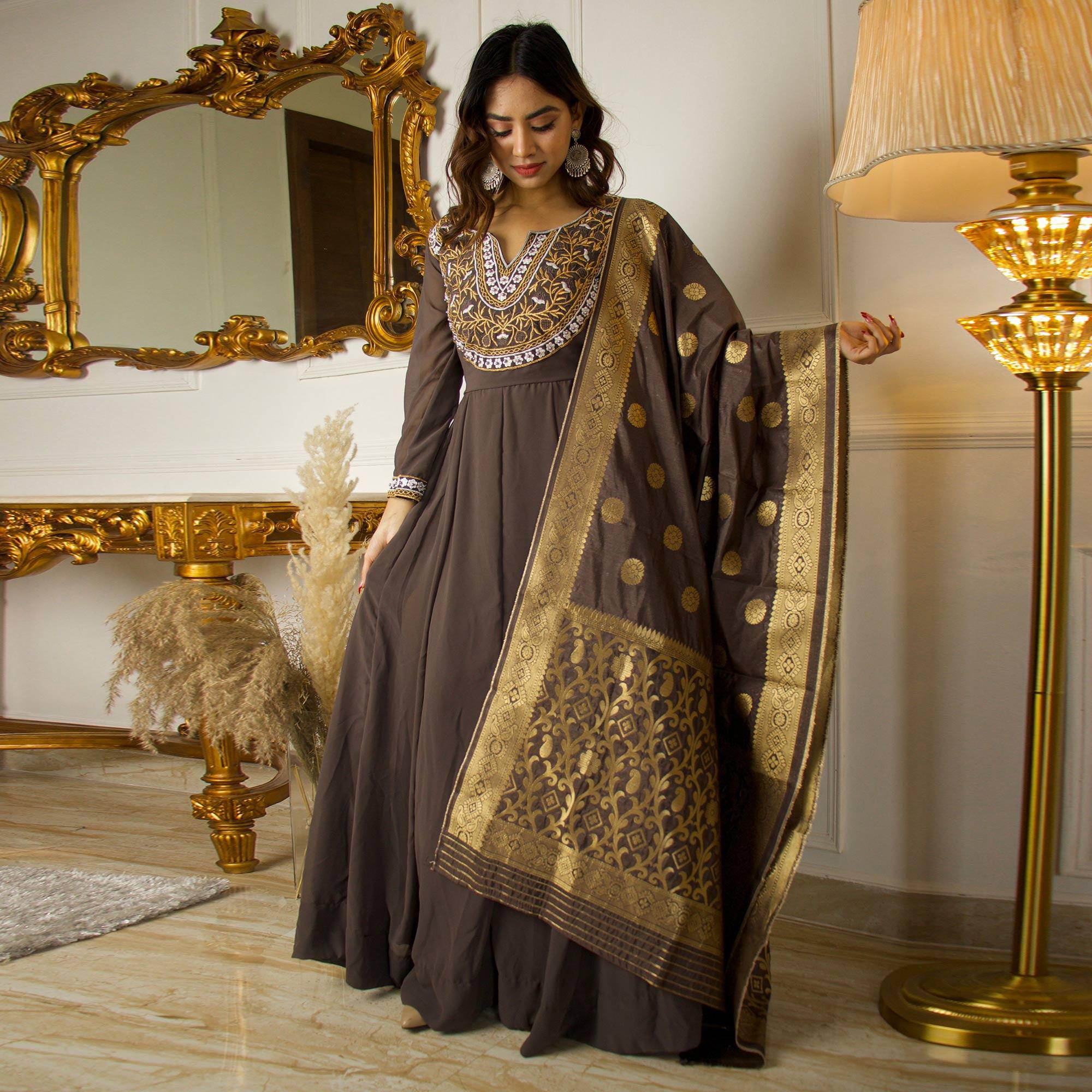 Peachmode Seller Brown Floral Embroidered Georgette Partywear Gown With Dupatta