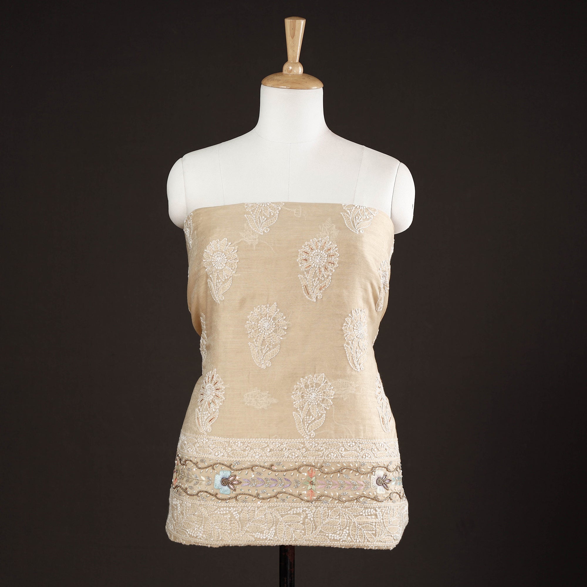 ITOKRI CRAFTS INITIATIVE Beige - Lucknow Chikankari with Parsi Style Embroidery Chanderi Silk Kurta Material - 3.2 Meter