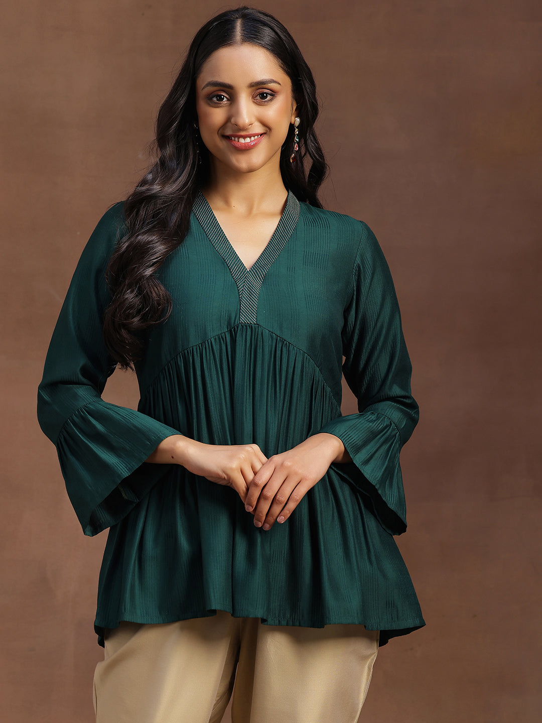 Libas Green Woven Design Silk Blend A-line Kurti