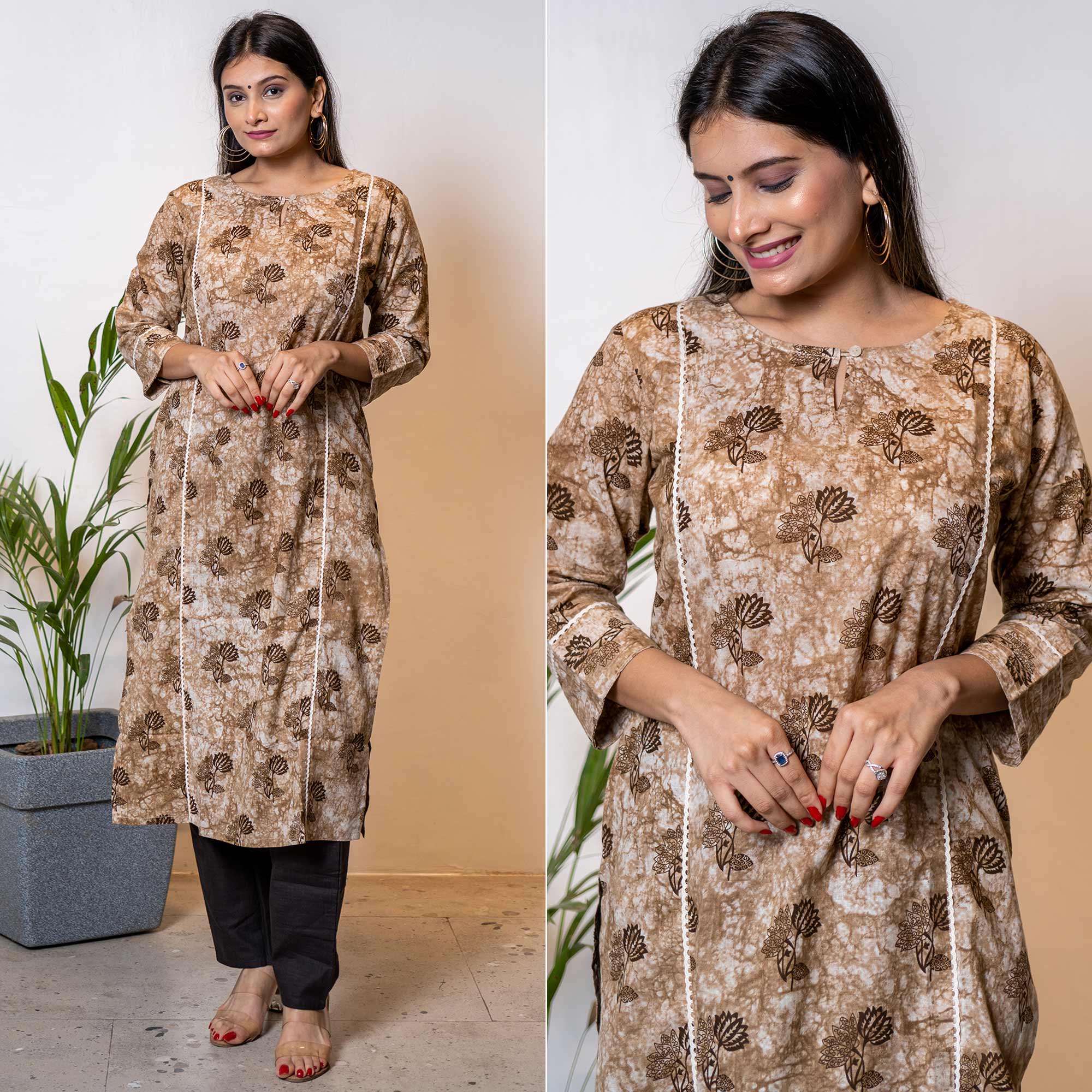 Peachmode Seller Brown Floral Printed Pure Cotton kurti