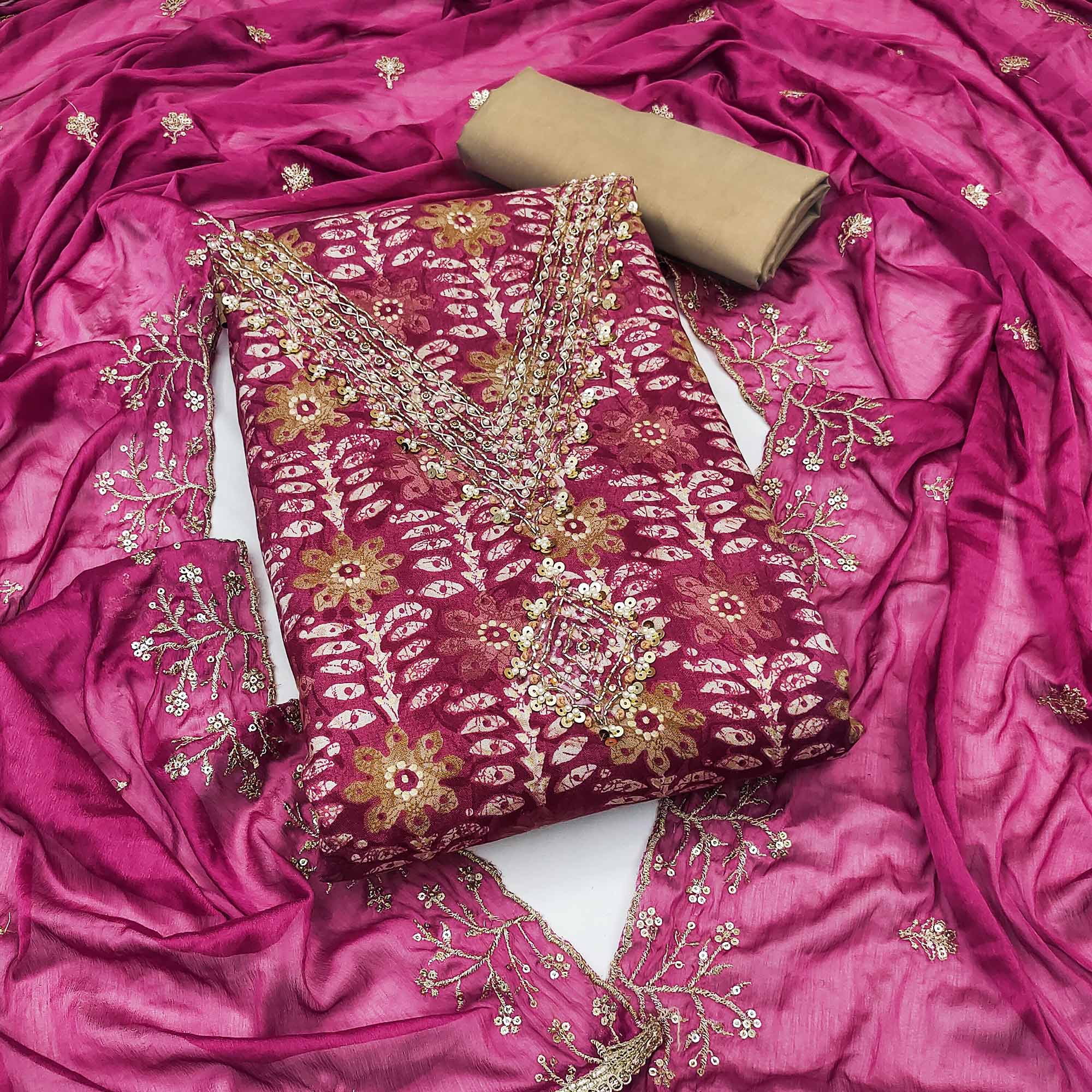 Peachmode Dark Magenta Floral Printed With Handwork Pure Cotton Dress Material