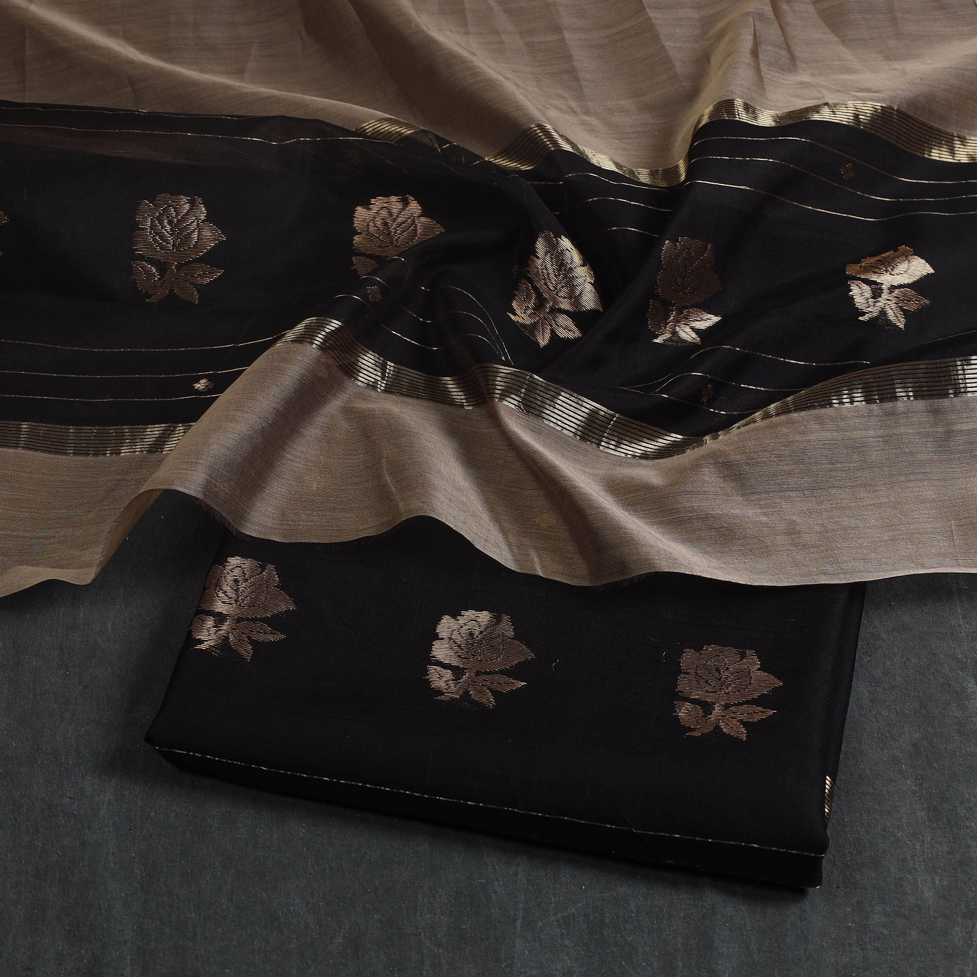 CHANDERI BY RAUPH KHAN Black - 2pc Zari Buti Handloom Chanderi Silk Dress Material 13 - view 2