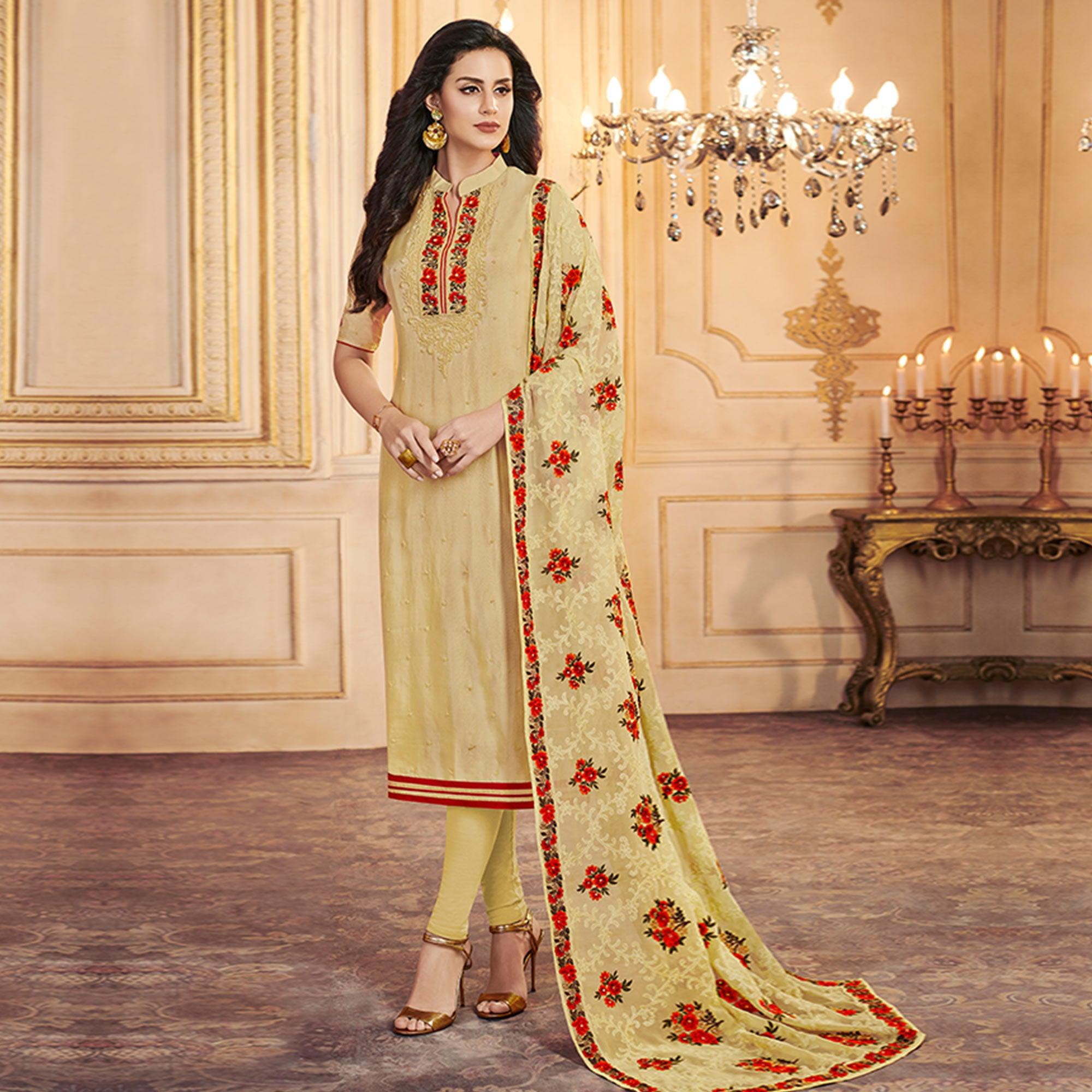 Peachmode Impressive Beige Colored Partywear Embroidered Uppada Silk Suit