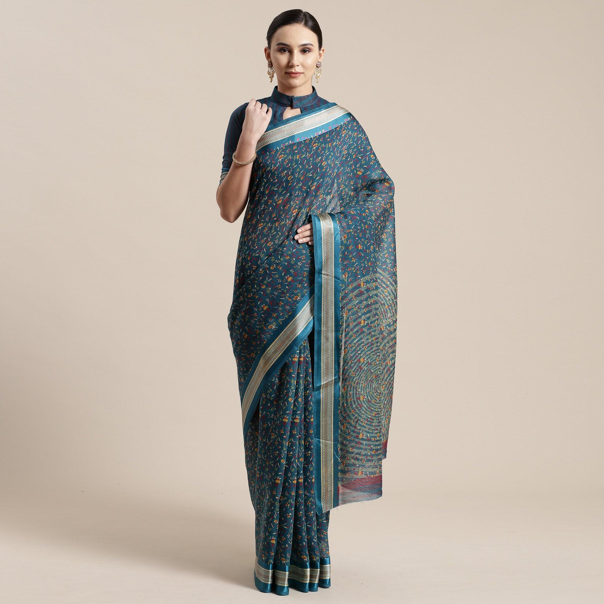 Peachmode Imposing Turquoise Colored Casual Wear Floral Printed Cotton Silk Saree