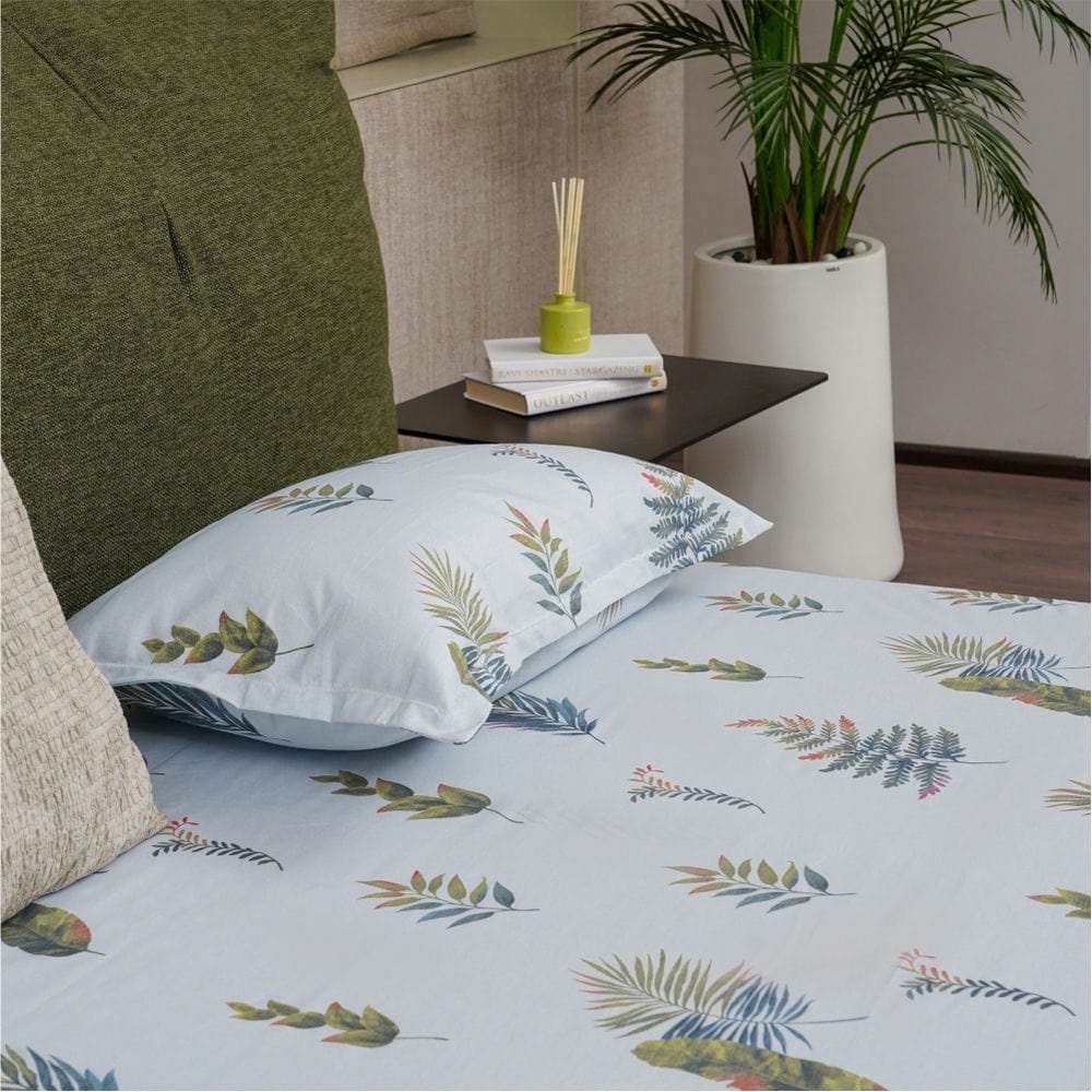 Urban Space -Home Furnishing Store Fitted King Size Cotton Bedsheet - Fall Leaves - Blue
