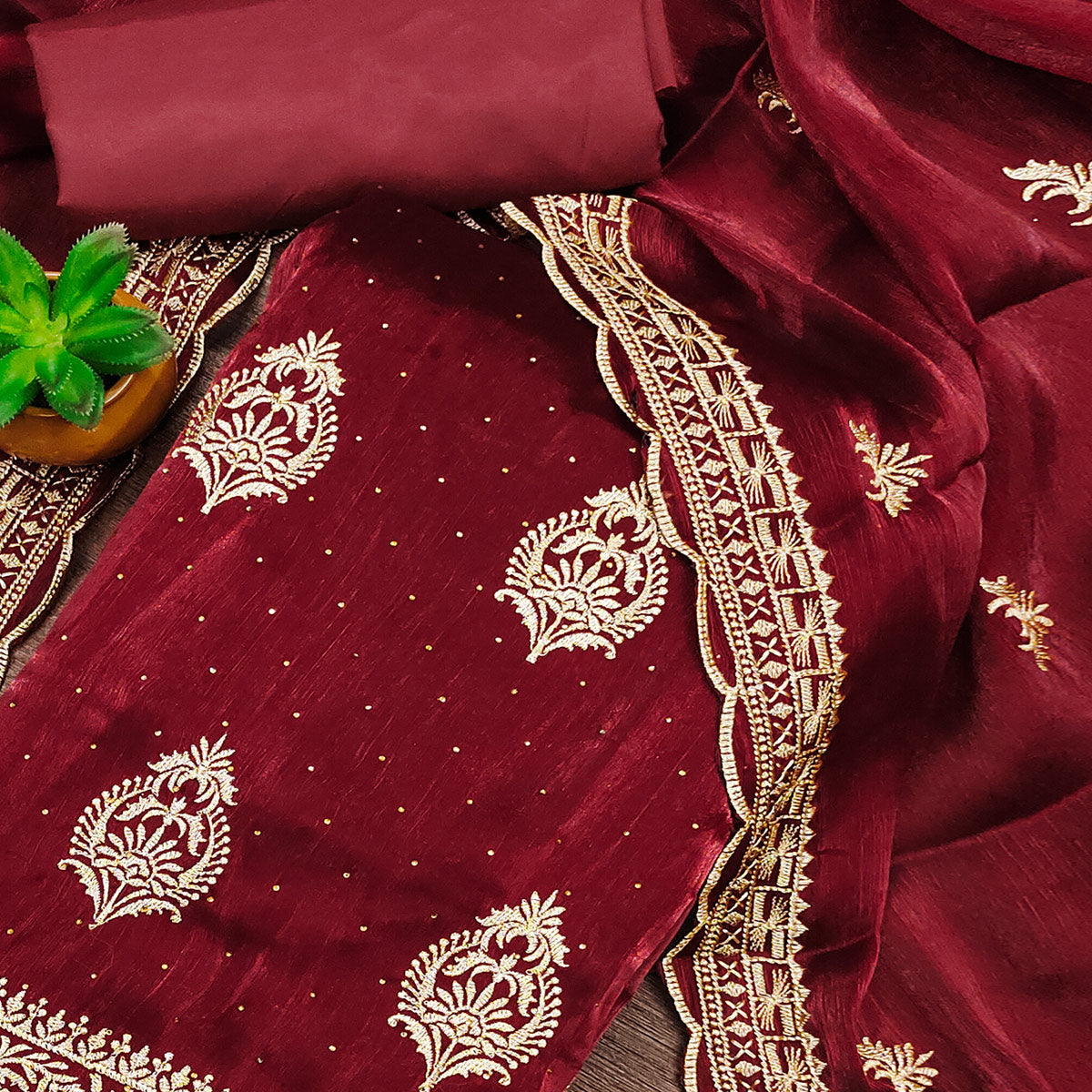 Peachmode Maroon Floral Embroidery With Stonework Mulberry Silk Dress Material - view 2
