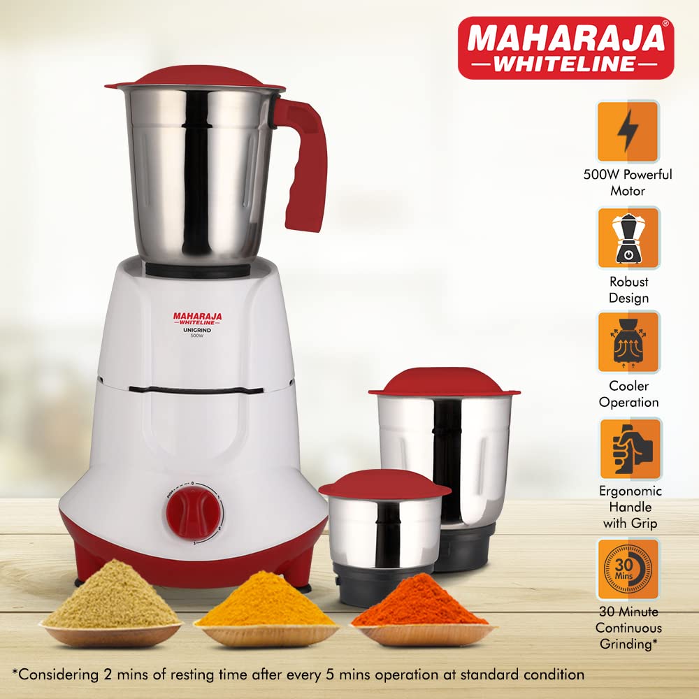 Maharaja Whiteline Unigrind Pro 500 Watts Mixer Grinder with 3 Jars | White & Red - view 2