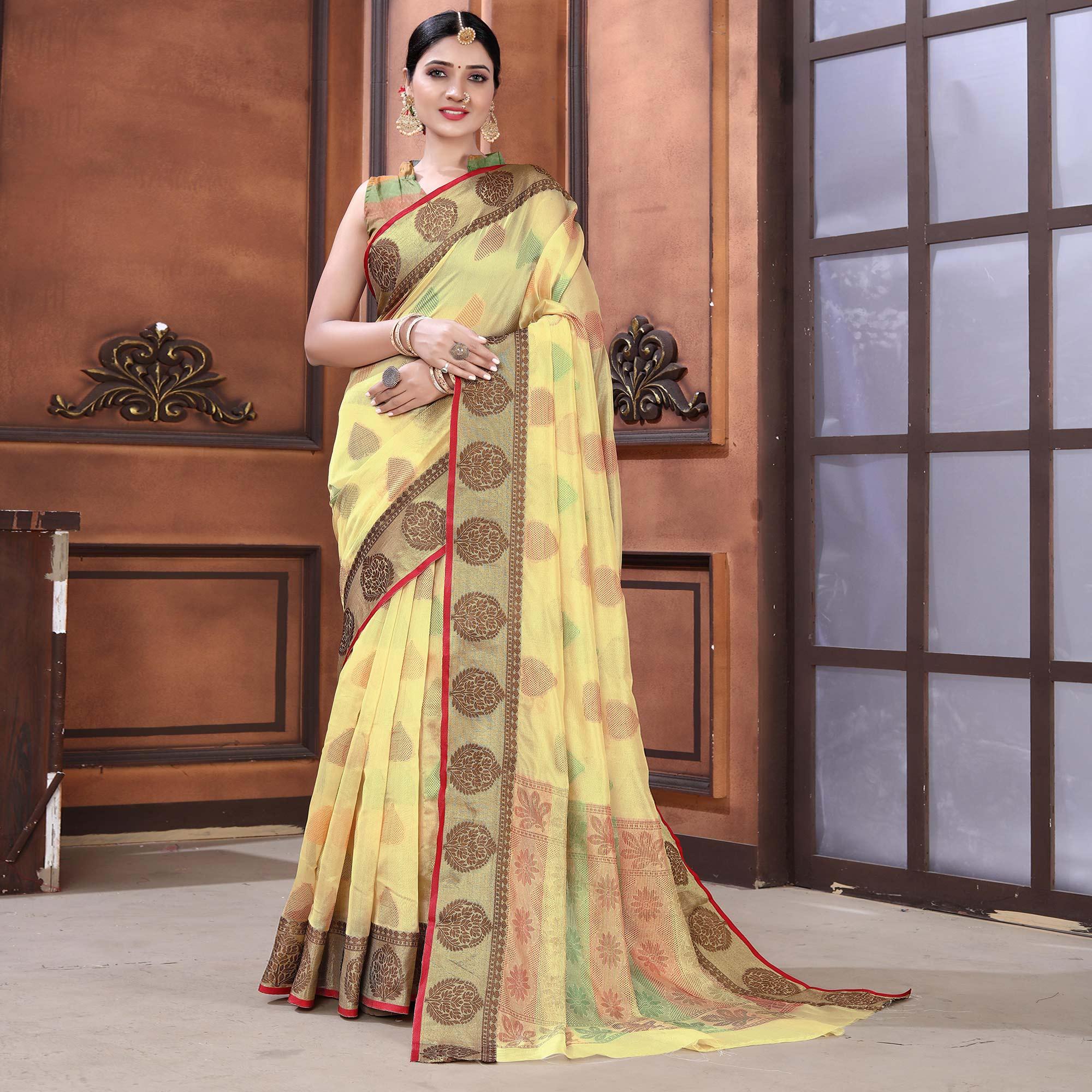 Peachmode Chikoo Festive Wear Woven Organza Saree