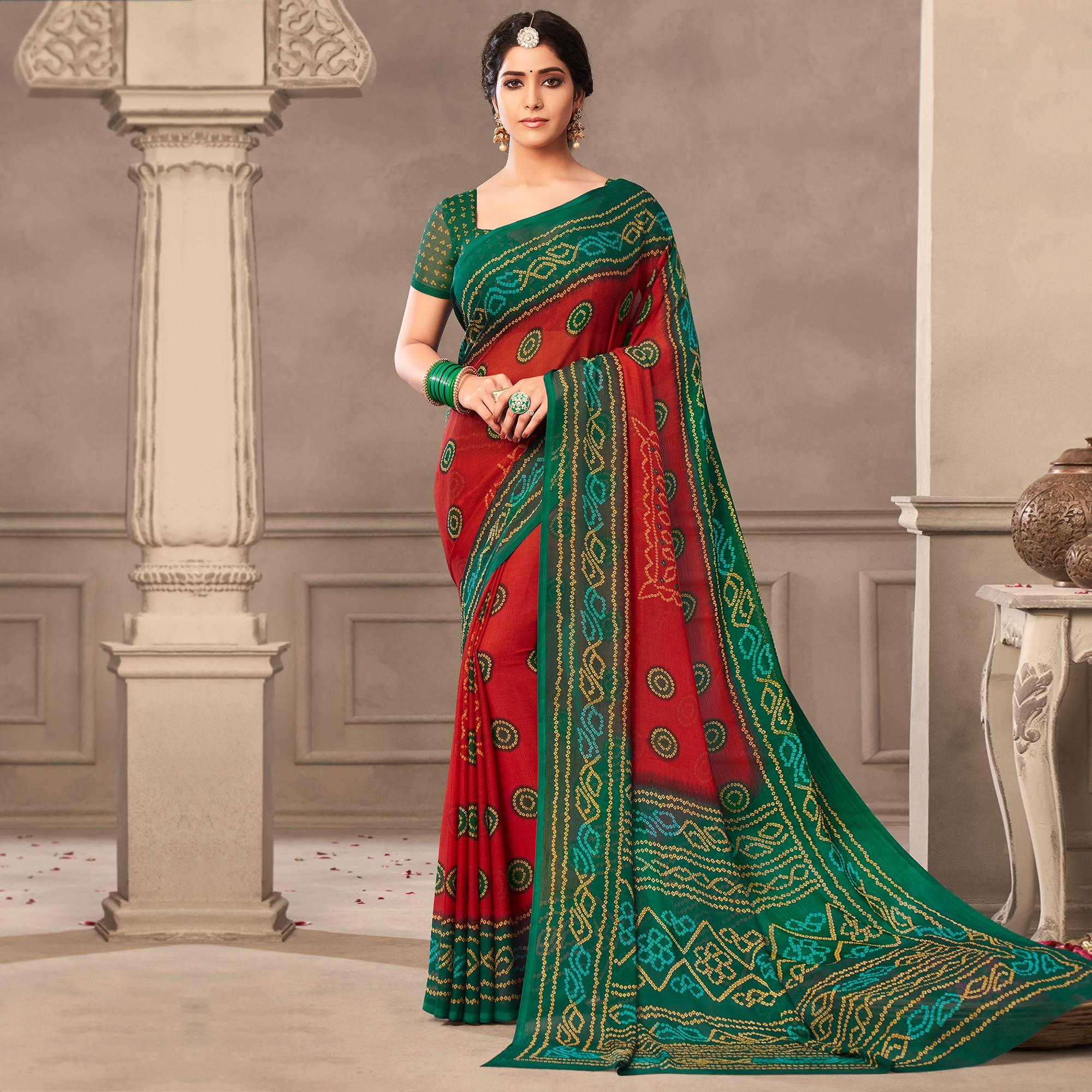 Peachmode Maroon Casual Wear Printed Chiffon Saree