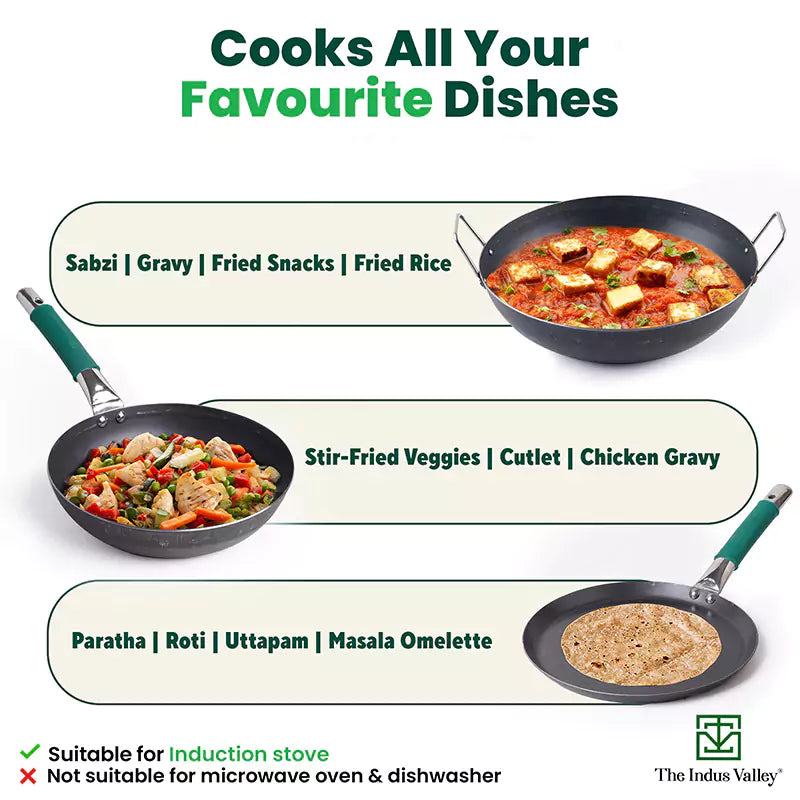 The Indus Valley 100% Pure Iron Cookware Set: Tawa 26 cm + Fry Pan 25 cm + Kadai 25 cm, Toxin-free Sheet Iron, Pre-seasoned, Kitchen Set for Home - view 4