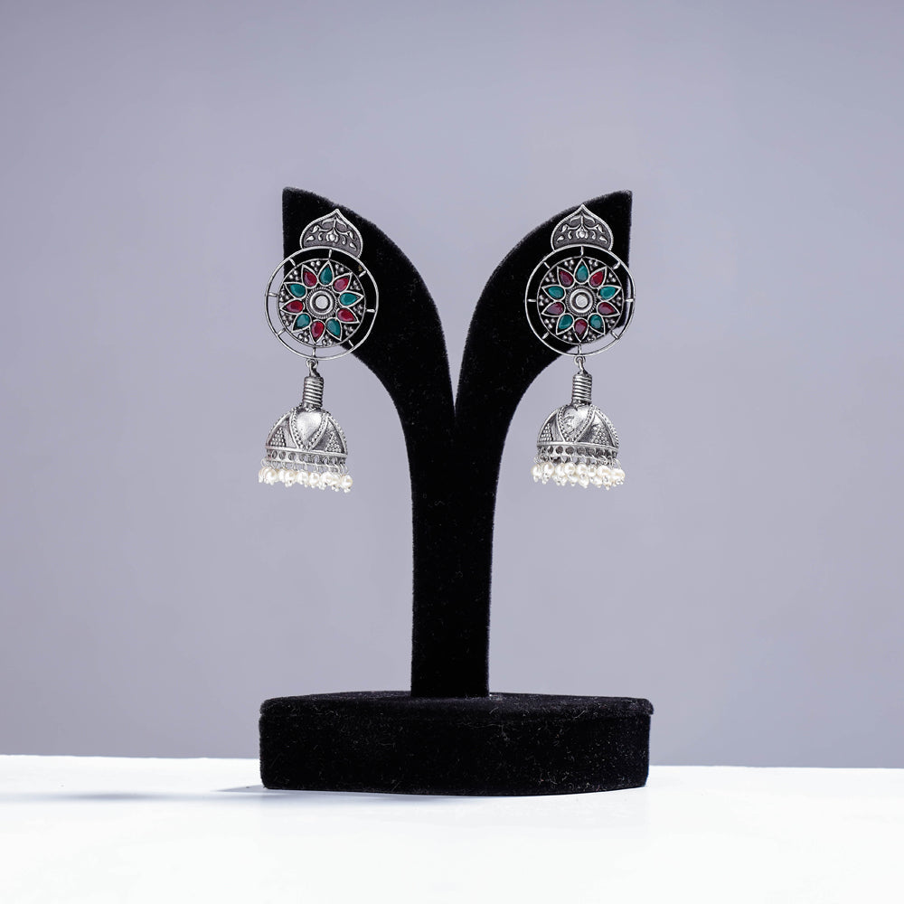 WHITE RIVER STORIES Antique Silver Finish Oxidised Brass Base Jhumki Earrings