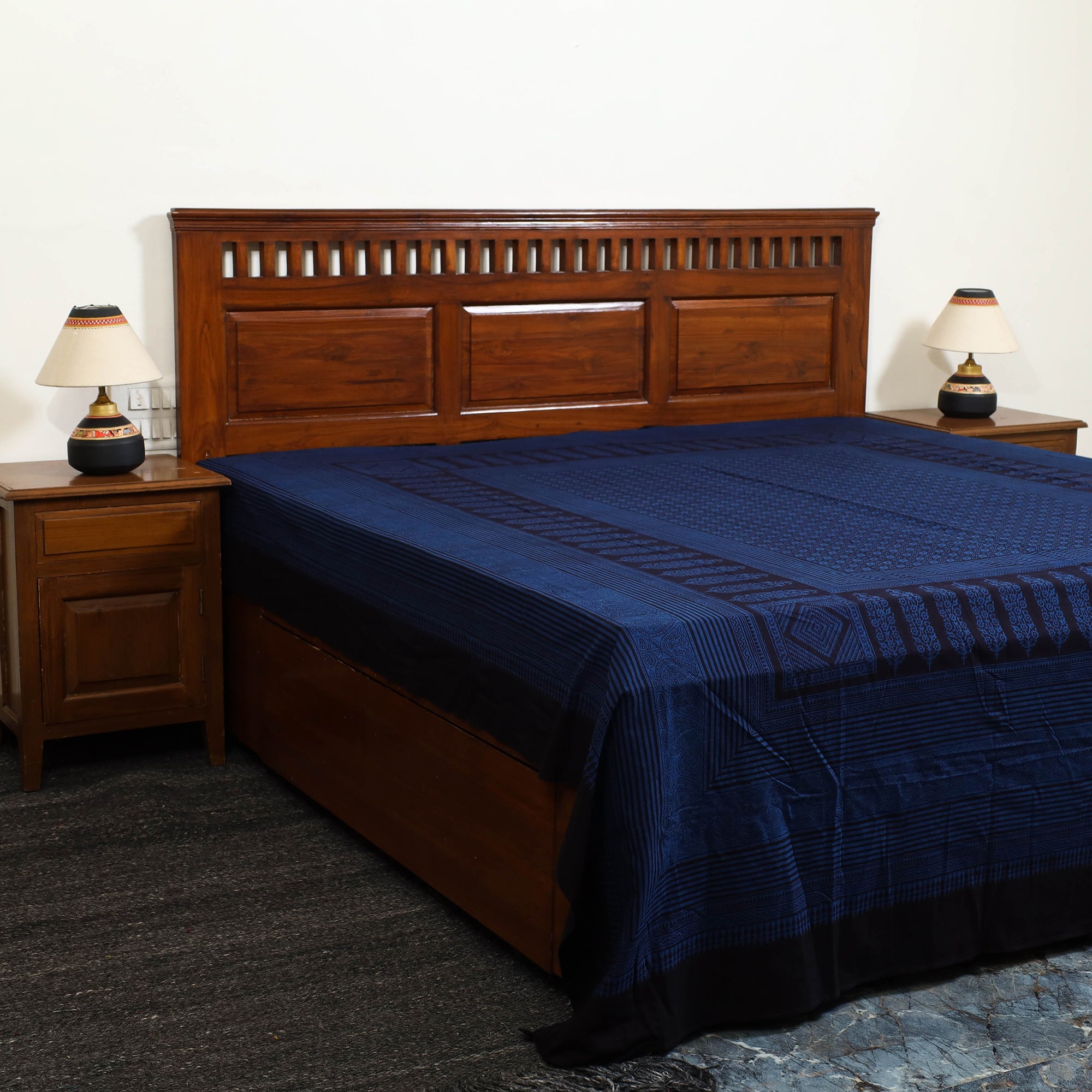 BAGH PRINTS BY ABDUL KADAR KHATRI Blue - Block Print Cotton Bagh Double Bed Sheet (108 x 90 in) 14