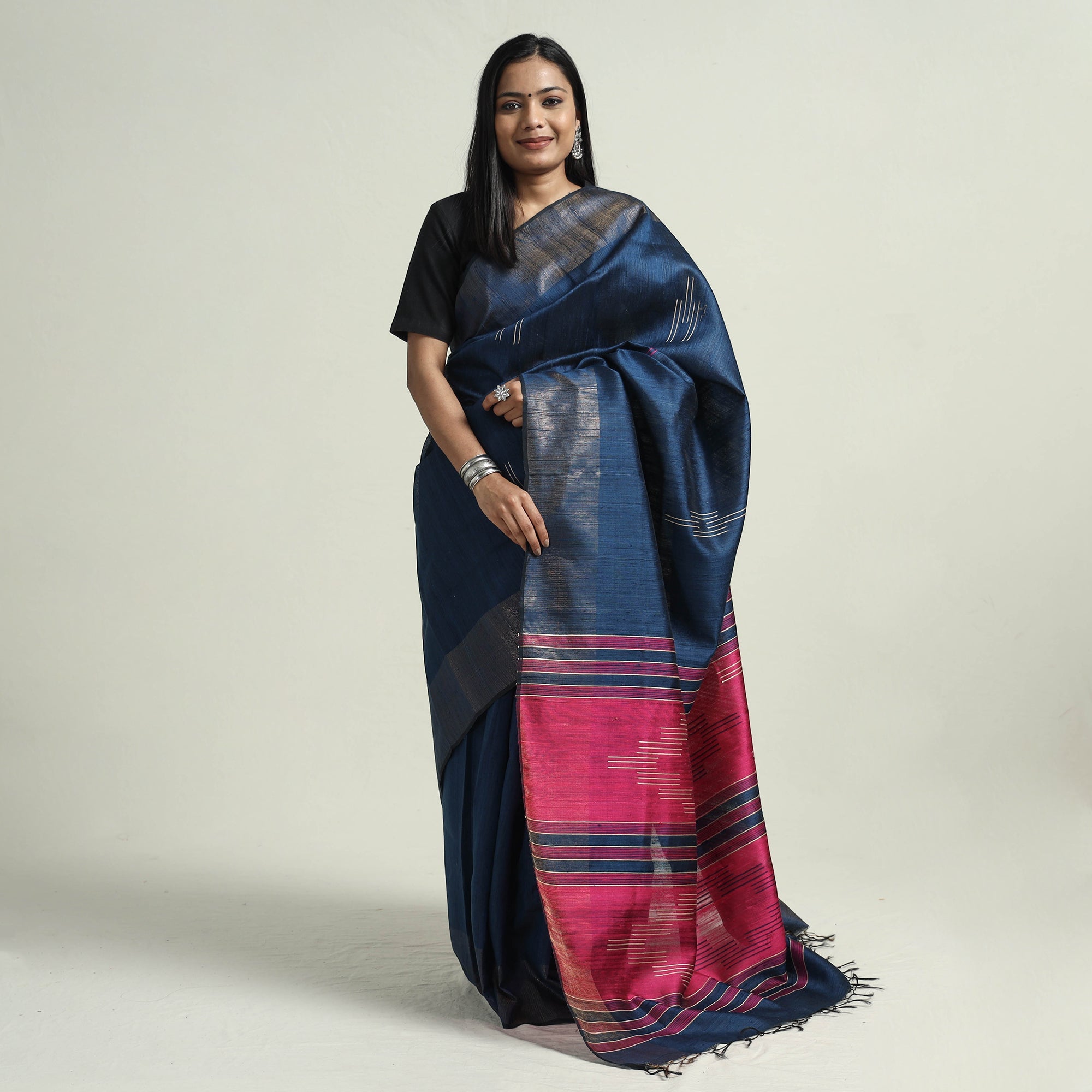 ITOKRI CRAFTS INITIATIVE Blue - Bhagalpuri Pure Desi Tussar Silk Handloom Saree with Zari Border