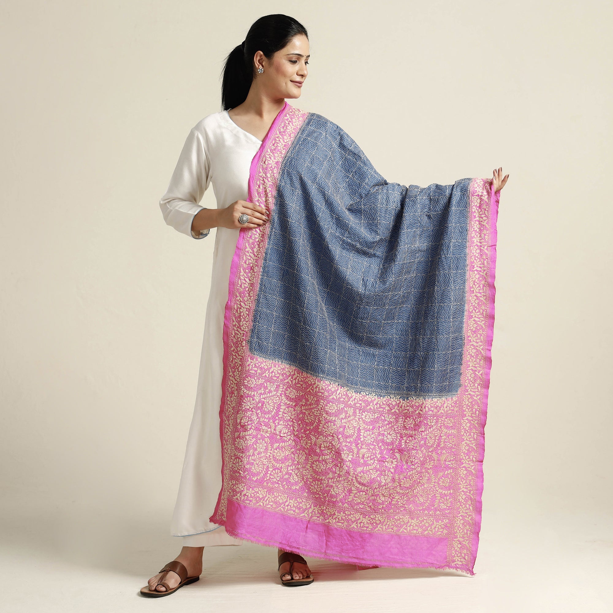 KHUSHBASH - HAPPY LOOM OF EAST Blue - Bengal Kantha Embroidery Tussar Silk Handloom Dupatta