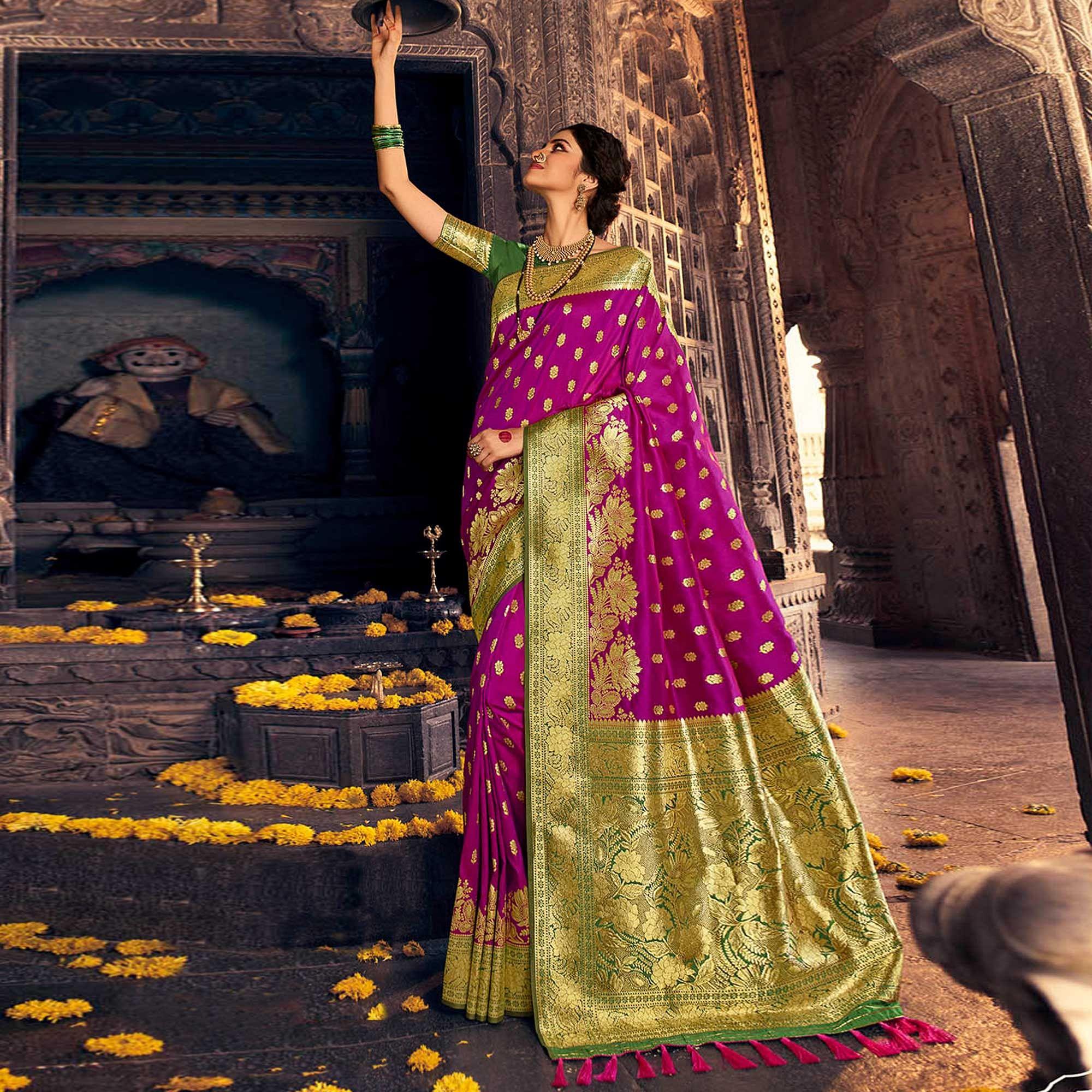 Peachmode Dark Purple & Green Festive Wear Woven Banarasi Silk Saree