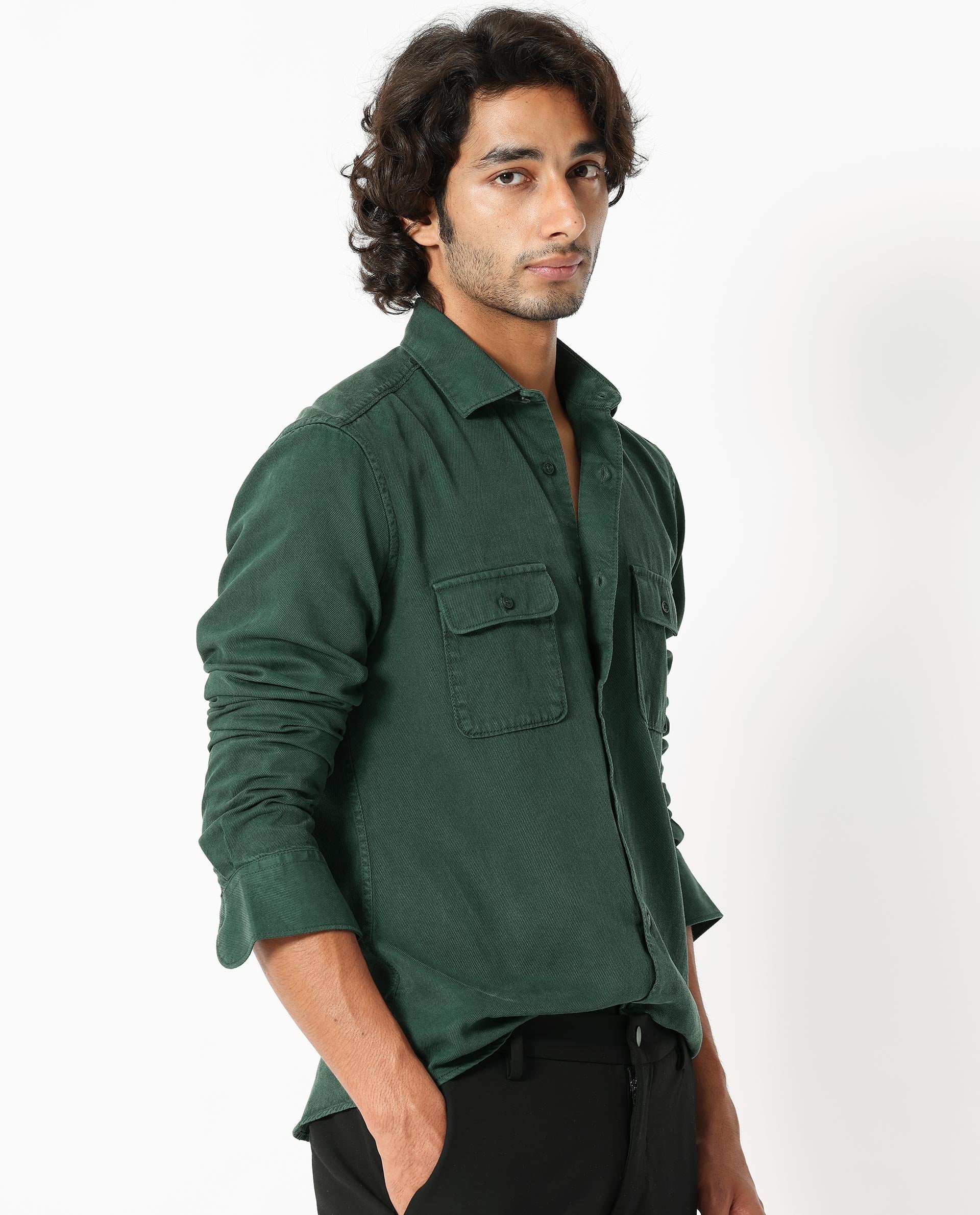 Rare Rabbit Men's Lyton Dark Green Cotton Fabric Full Sleeves Solid Twill Shirt - view 6