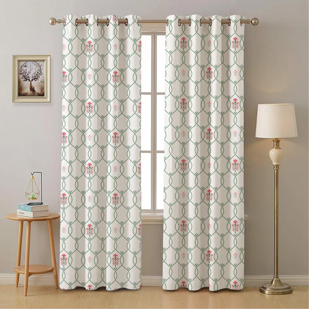 Urban Space -Home Furnishing Store 100% Cotton Room Darkening Curtains, Pack of 2 - Floral Ripples - Pink & Green - view 7