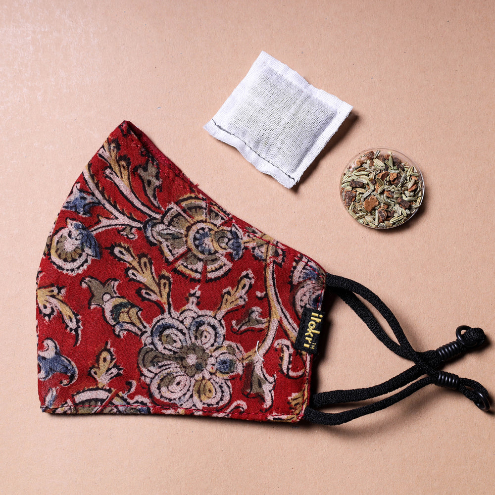 JALPARI Kalamkari Block Printed Cotton 3 Layer Snug Fit Face with Herb Pocket