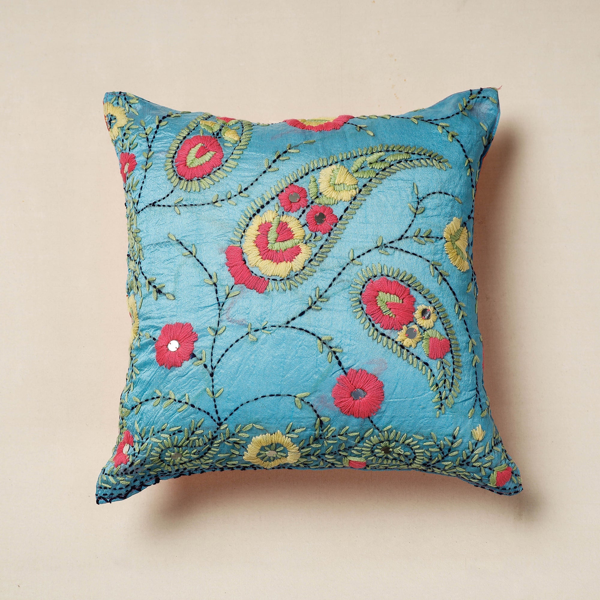 ITOKRI CRAFTS INITIATIVE Blue - Chanderi Silk Phulkari Hand Embroidered Cushion Cover
