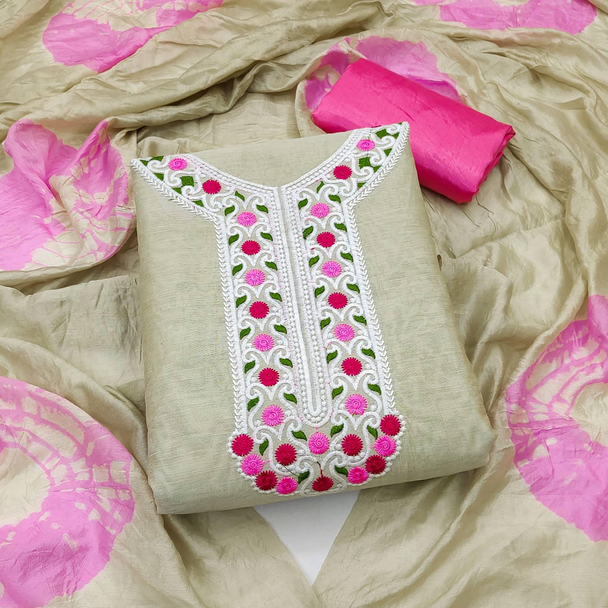 Peachmode Chikoo Embroidered Chanderi Dress Material