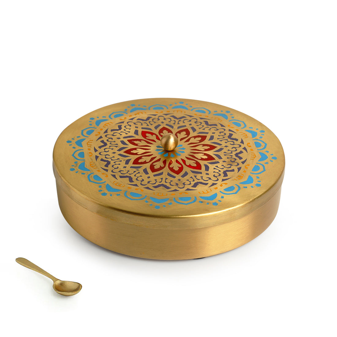 EXCLUSIVELANE 'Moroccan Hand-Etched' Handpainted Spice Box With Spoon In Brass (7 Containers, 110 ml) - view 2