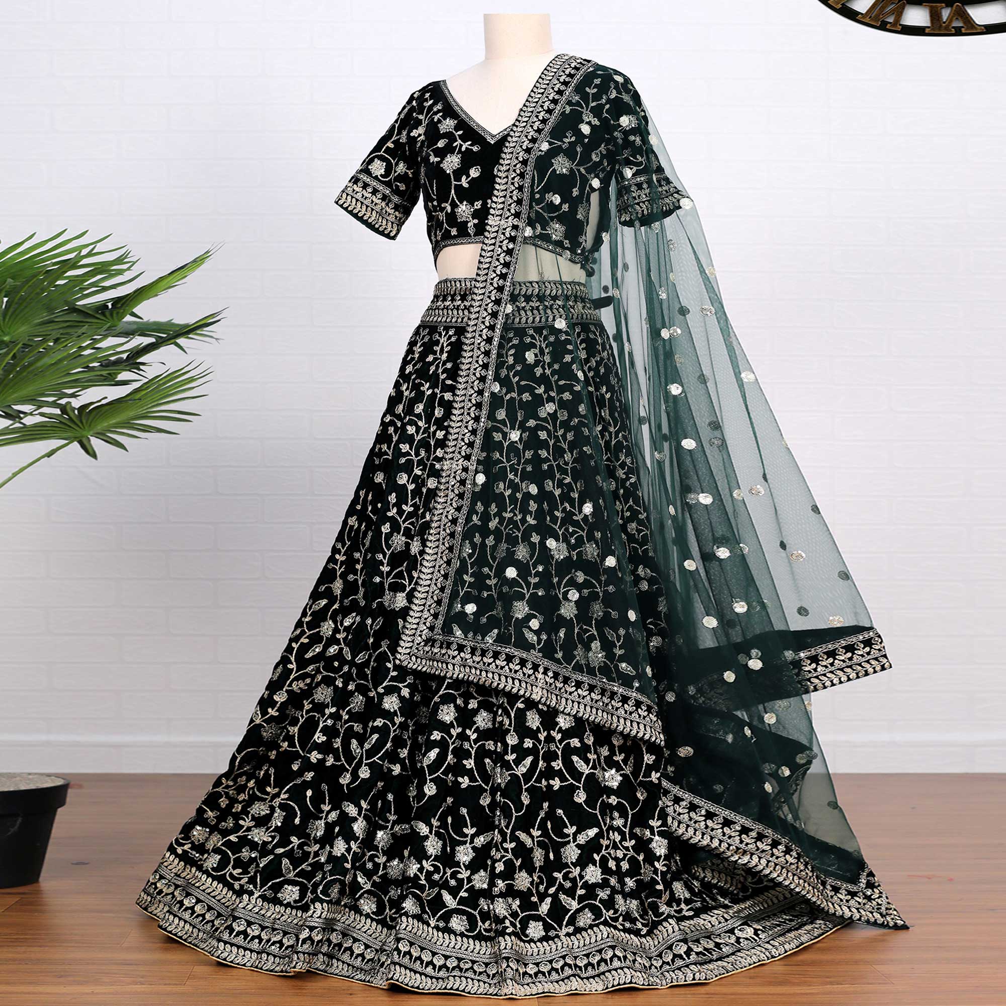 Peachmode Dark Green Sequins Embroidered Velvet Lehenga Choli