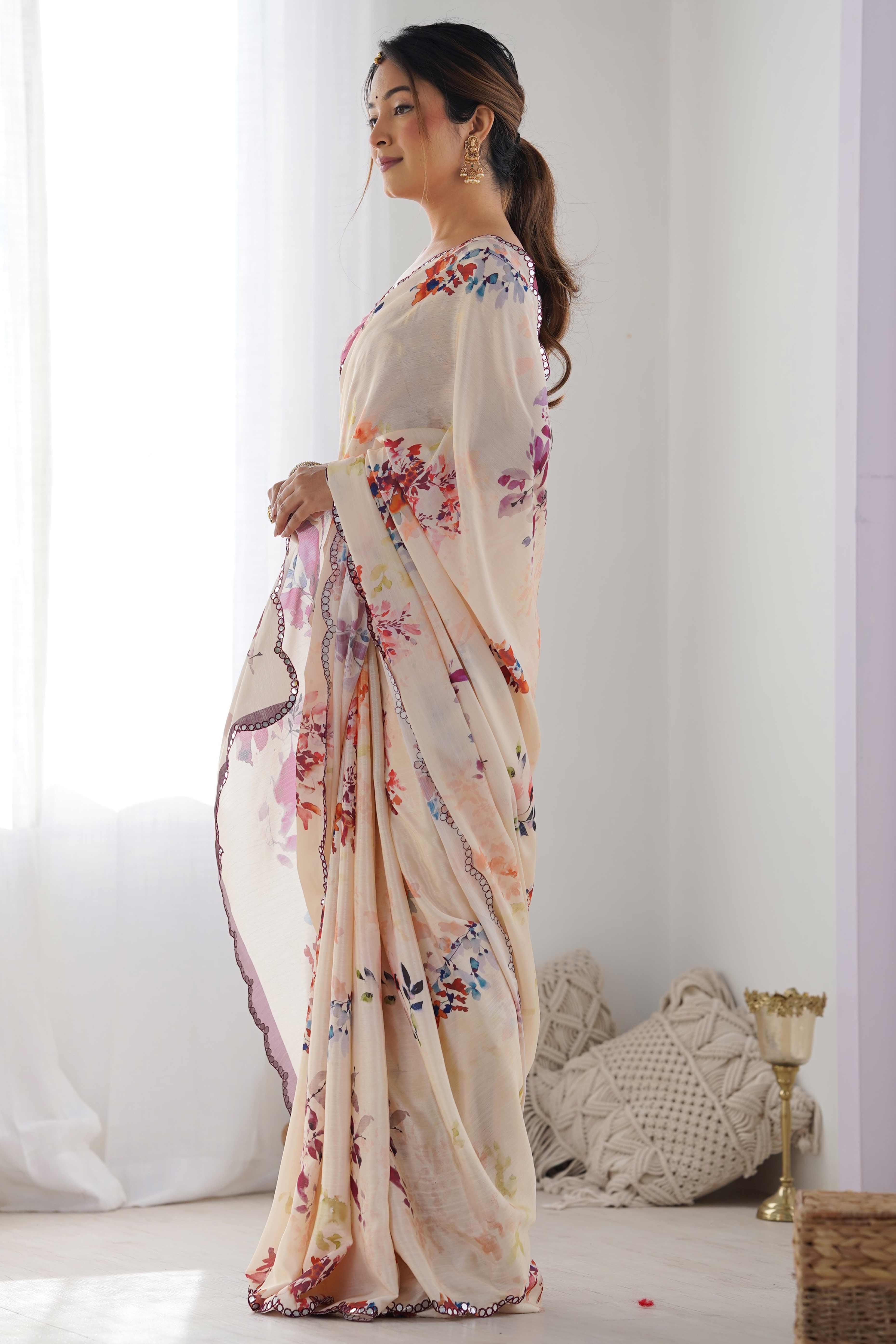 Peachmode Cream Floral Printed Chinon Saree – Women's - view 6