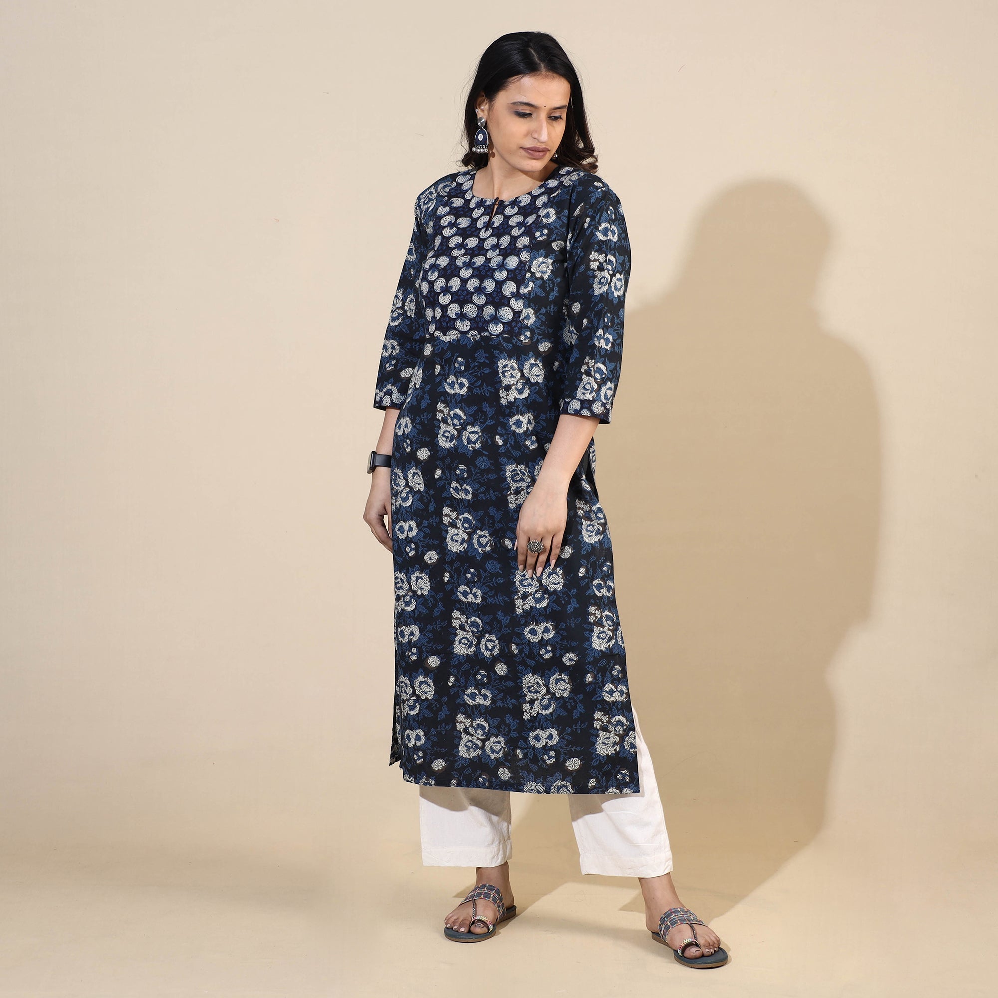 ITOKRI CASUALS Blue - Bagru Hand Block Printed Cotton Long Kurta - view 3