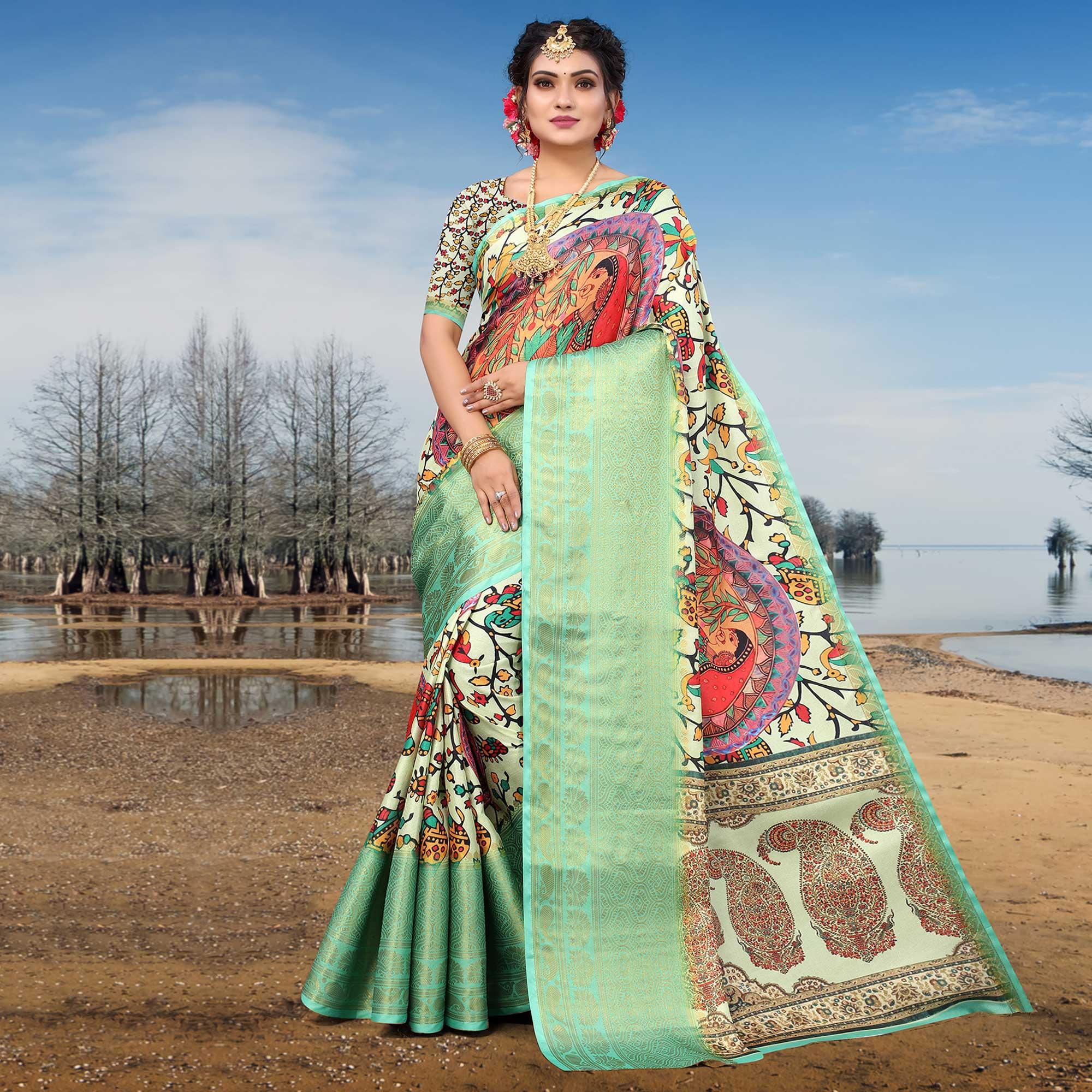 Peachmode Light Pista Green Digital Printed Khaadi Saree
