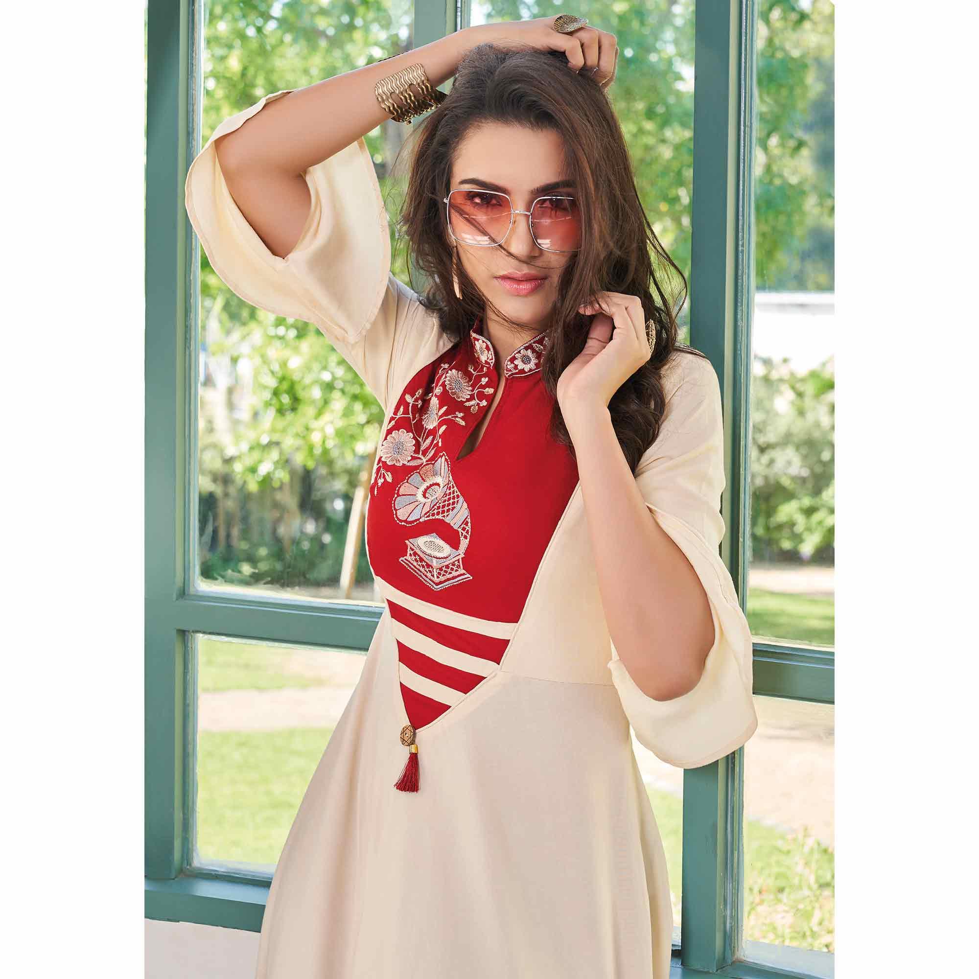 Peachmode Seller Hypnotic Red-Cream Colored Party Wear Embroidered Rayon Long Kurti - view 2