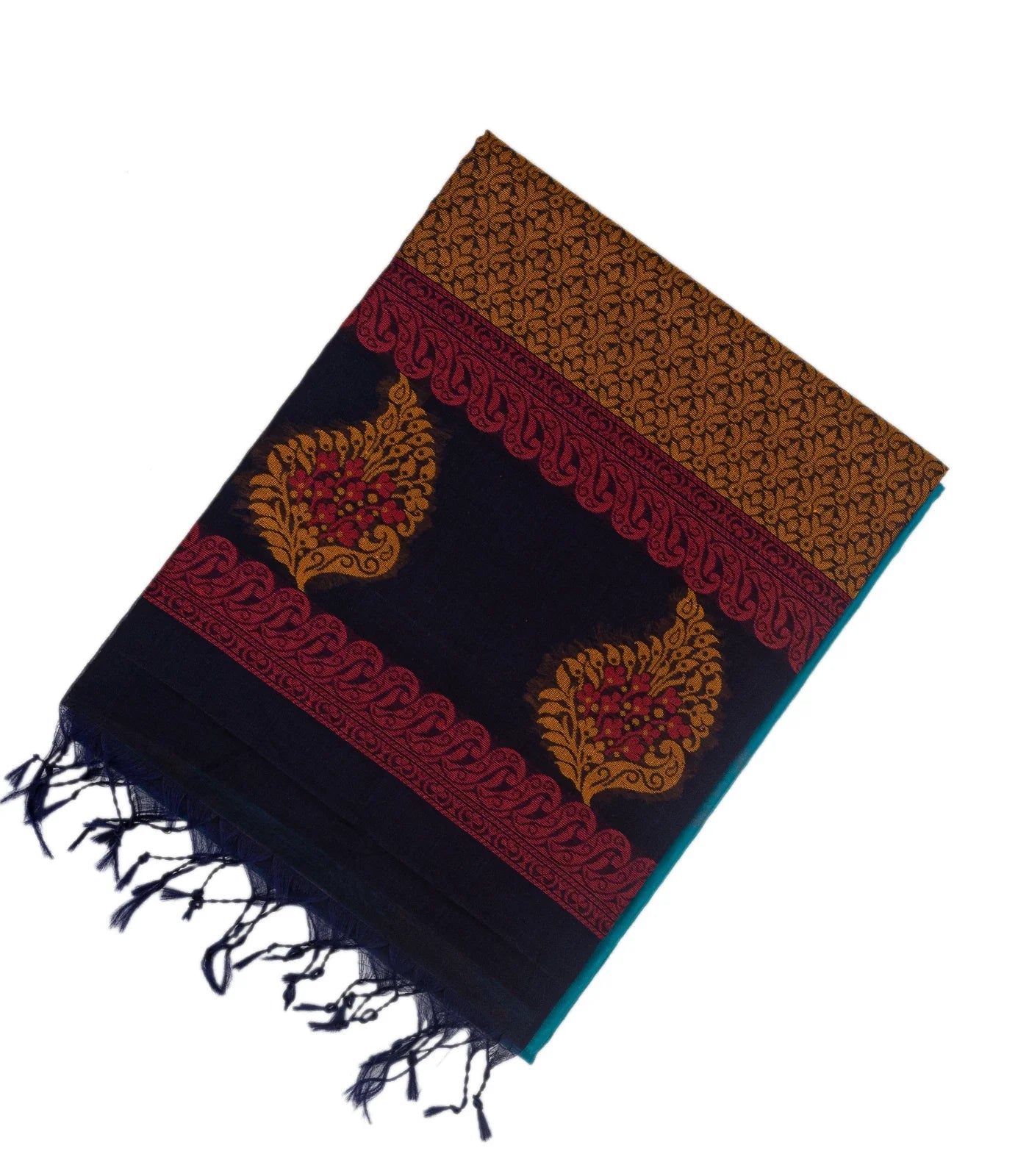 RmKV Light Blue Handloom Kora Silk Cotton Saree With Buttas & Black Pallu