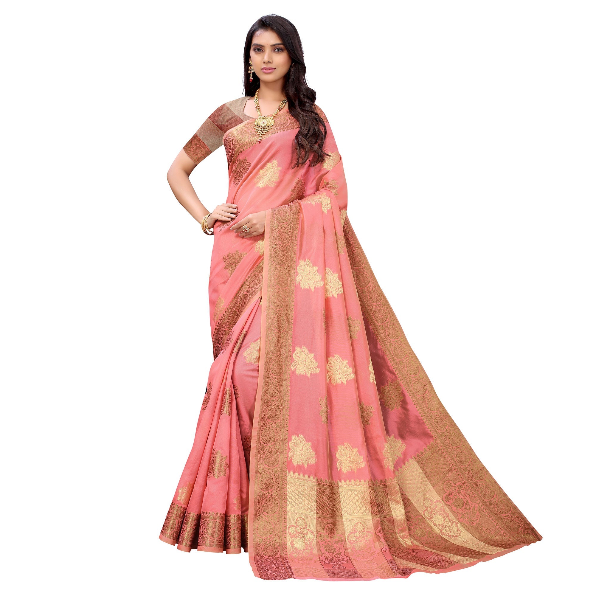 Peachmode Gajari Pink Festive Wear Floral Woven Silk Saree