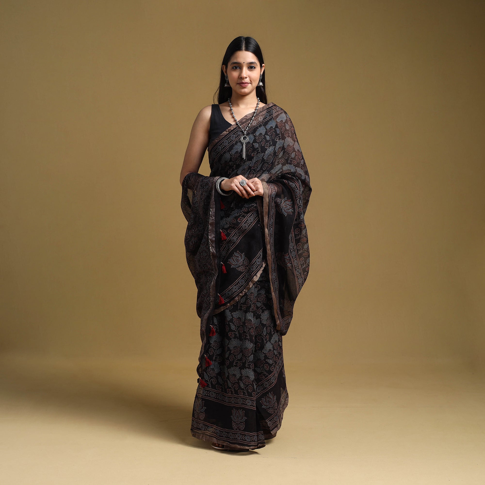 KACHCHH JI CHHAAP Black - Natural Dyed Block Print Kota Doria Cotton Ajrakh Saree 03 - view 2