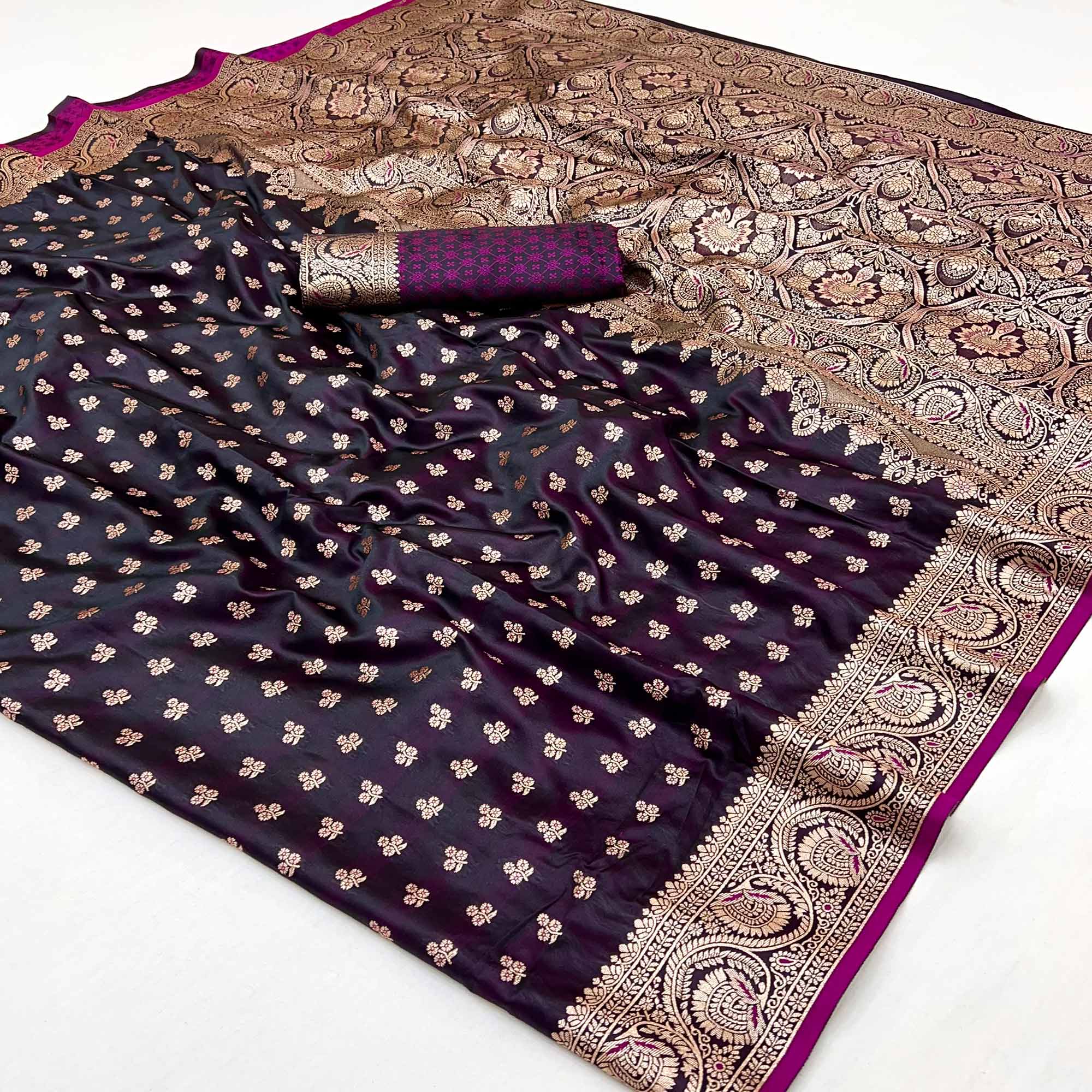Peachmode Dark Wine Floral Woven Satin Silk Saree With Zari Border