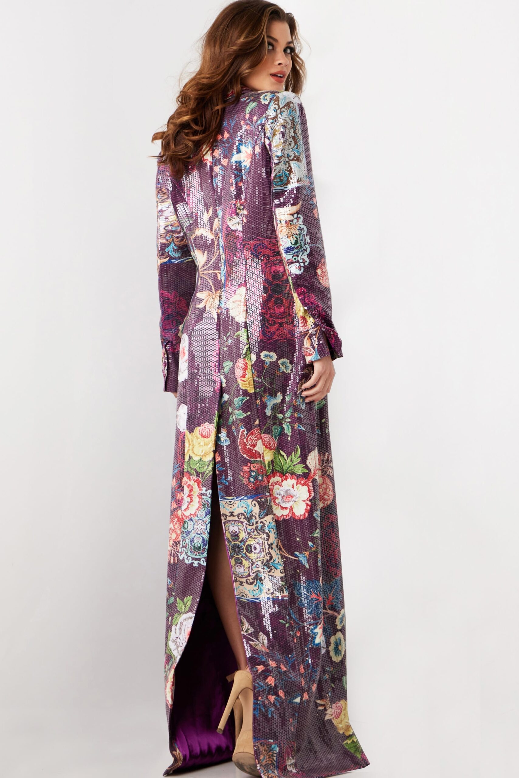Jovani 26035 Long Sleeve Formal Floral Print Sequin Coat Dress - view 2