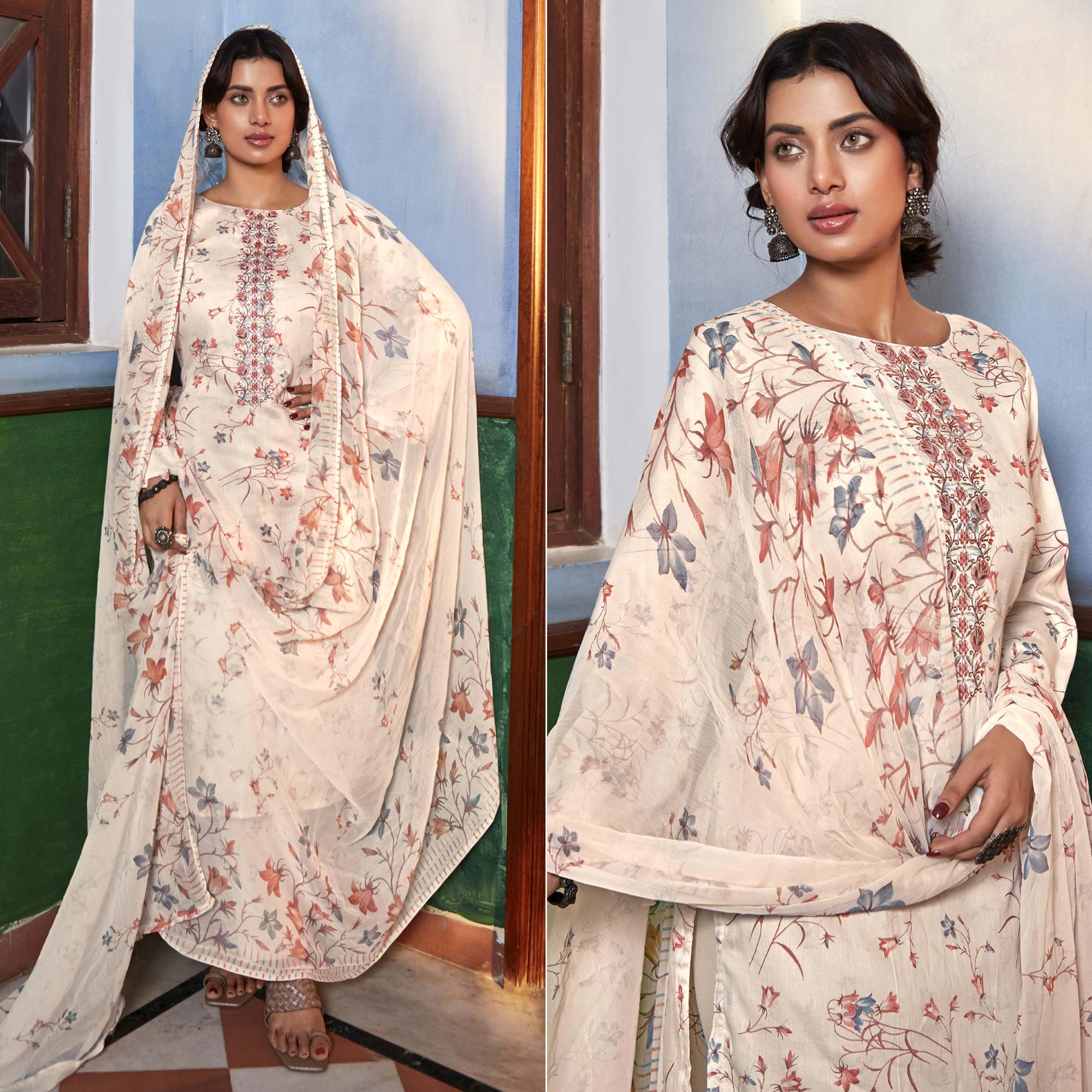 Peachmode Cream Printed With Embroidered Pure Cotton Suit