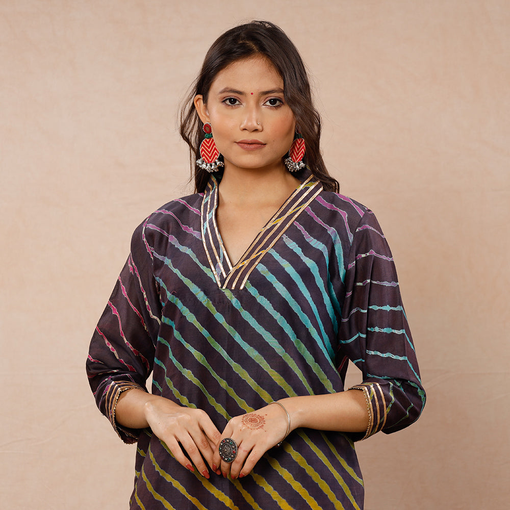 ITOKRI CASUALS Brown - Leheriya Tie-Dye Chanderi Silk Long Kurta
