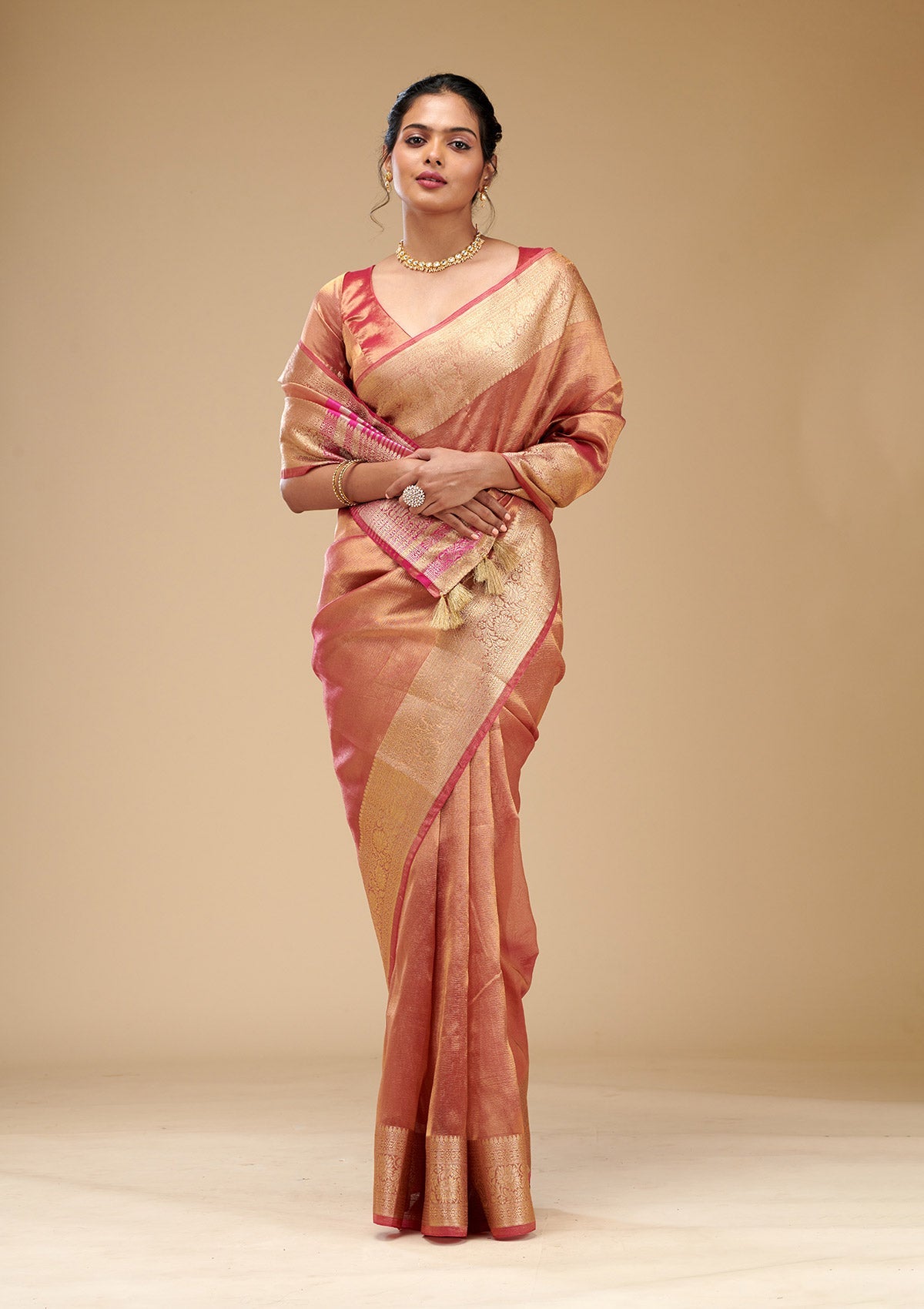 Koskii Onion Pink Zariwork Tissue Saree – Women's